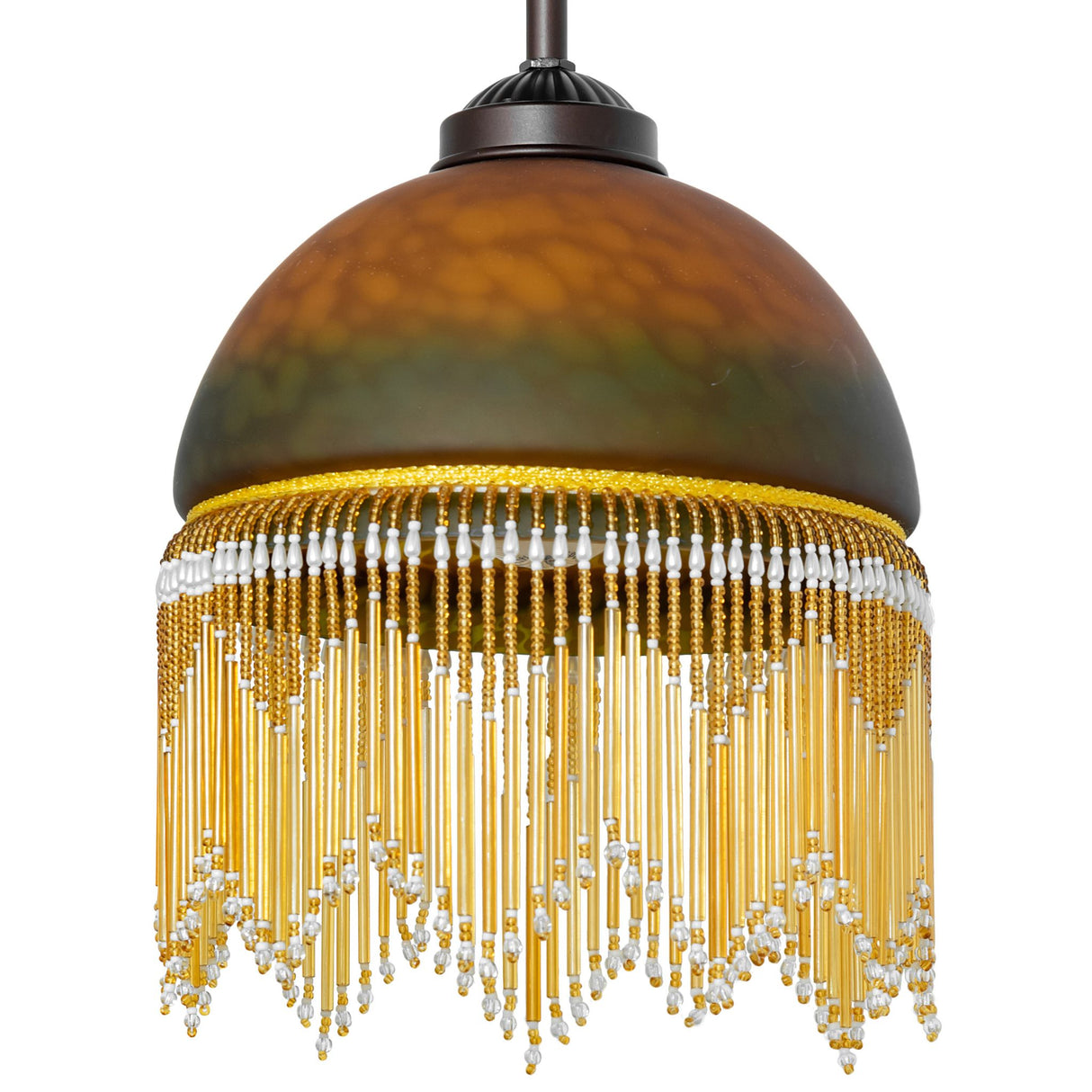 Unlit green and amber mottled glass mini pendant with fringe.