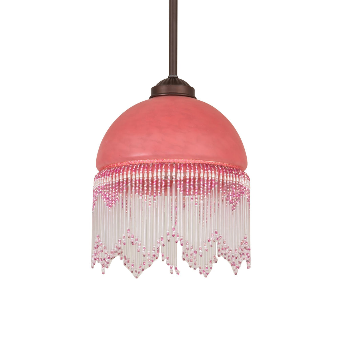 Unlit Roussillon Mini Pendant featuring a Cranberry Art Glass shade with intricate beaded fringe.