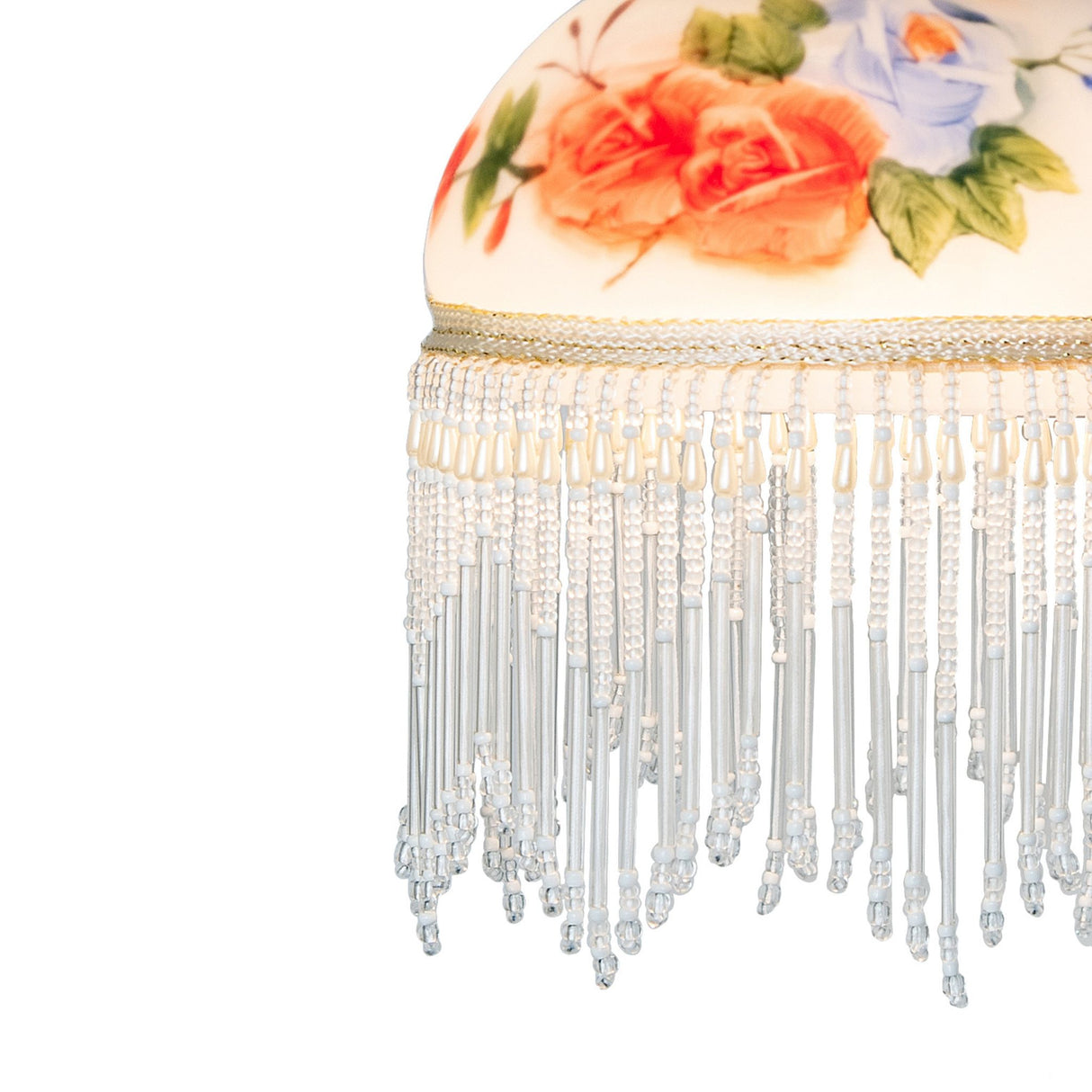 detailed view of hand-painted rose bouquet and glass fringe on roussillon flushmount.