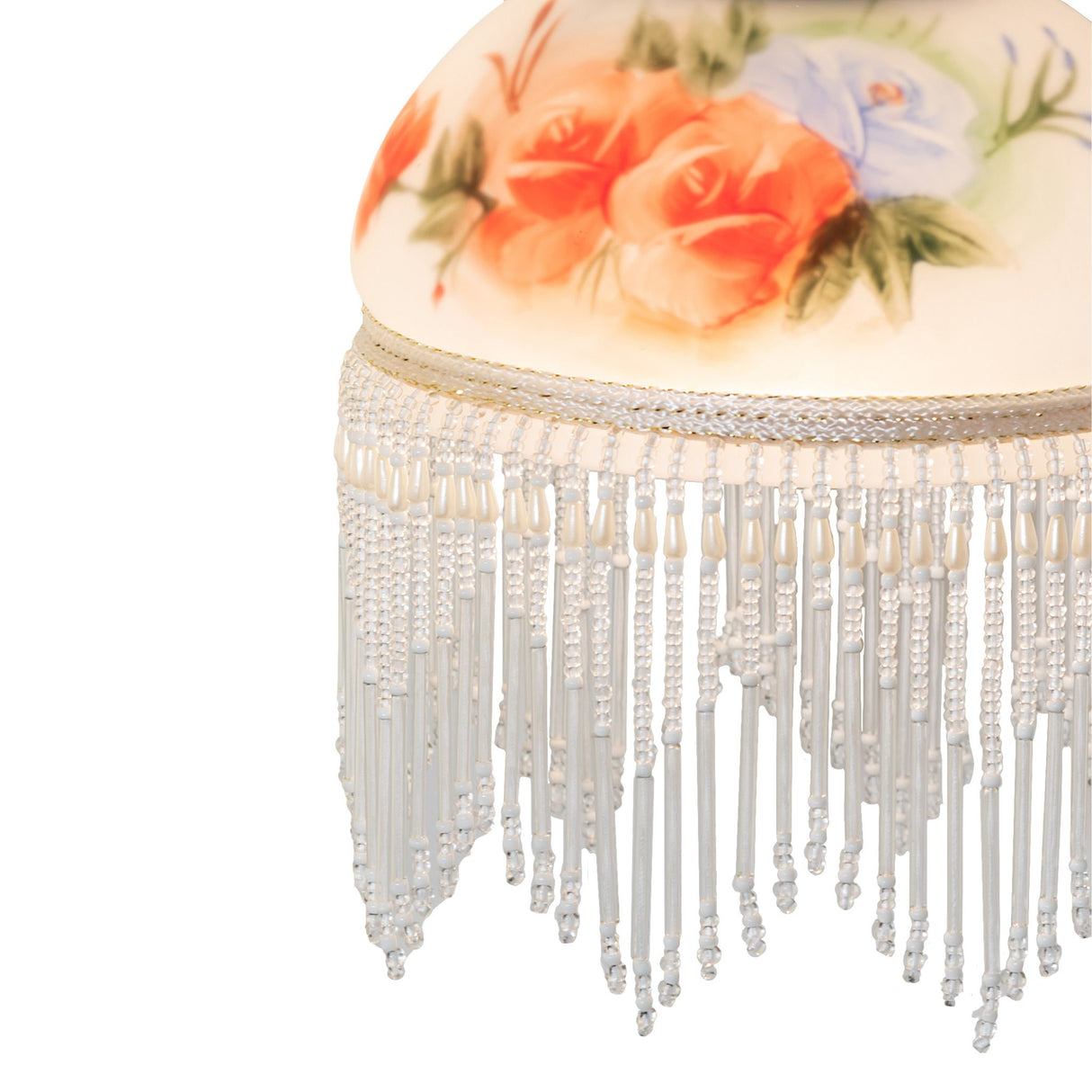 Closeup of rose bouquet shade with hanging white beaded fringe.