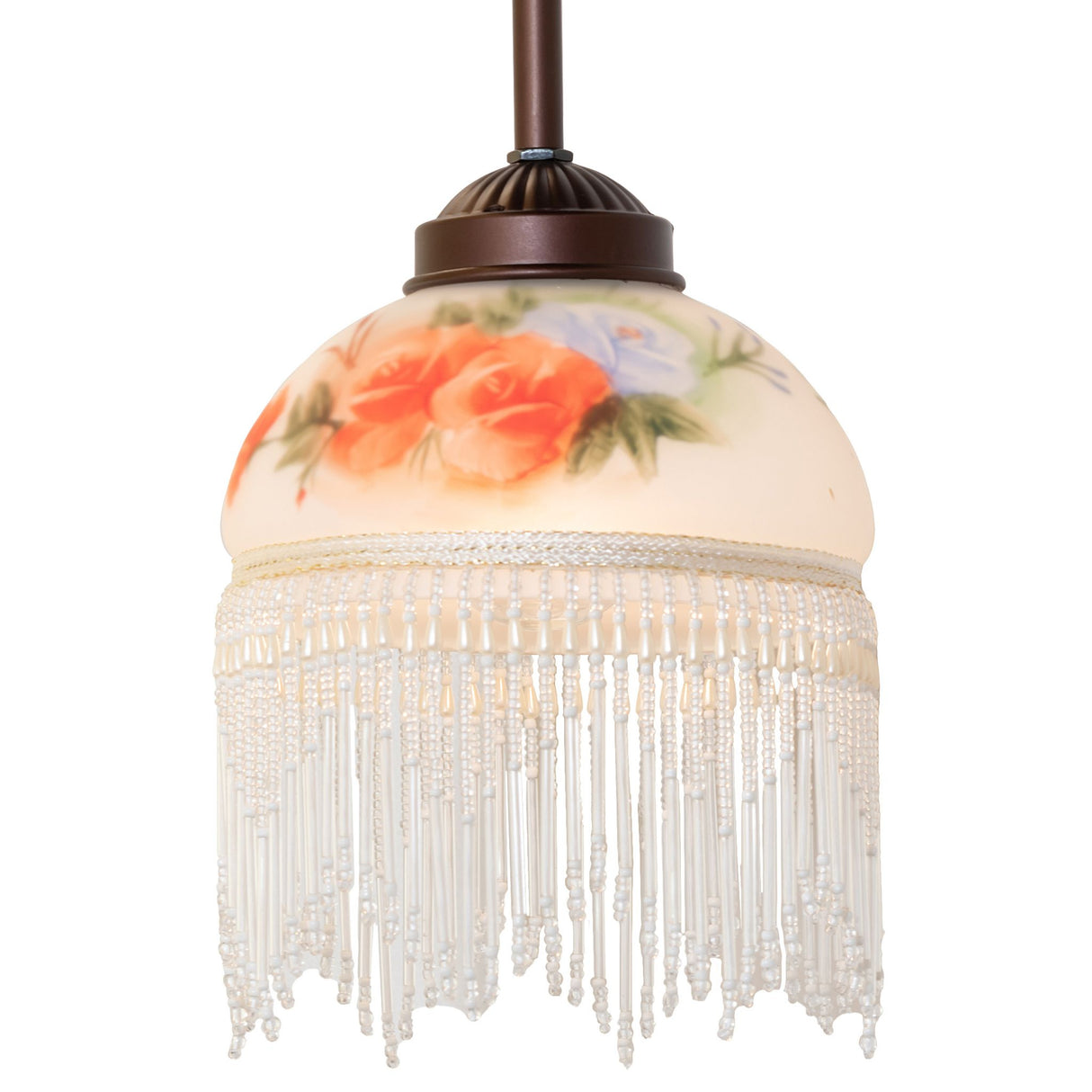 Lit view of floral mini pendant with fringe detail.