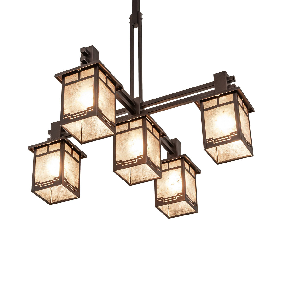 Angled view of chandelier highlighting linear arms and lantern design.