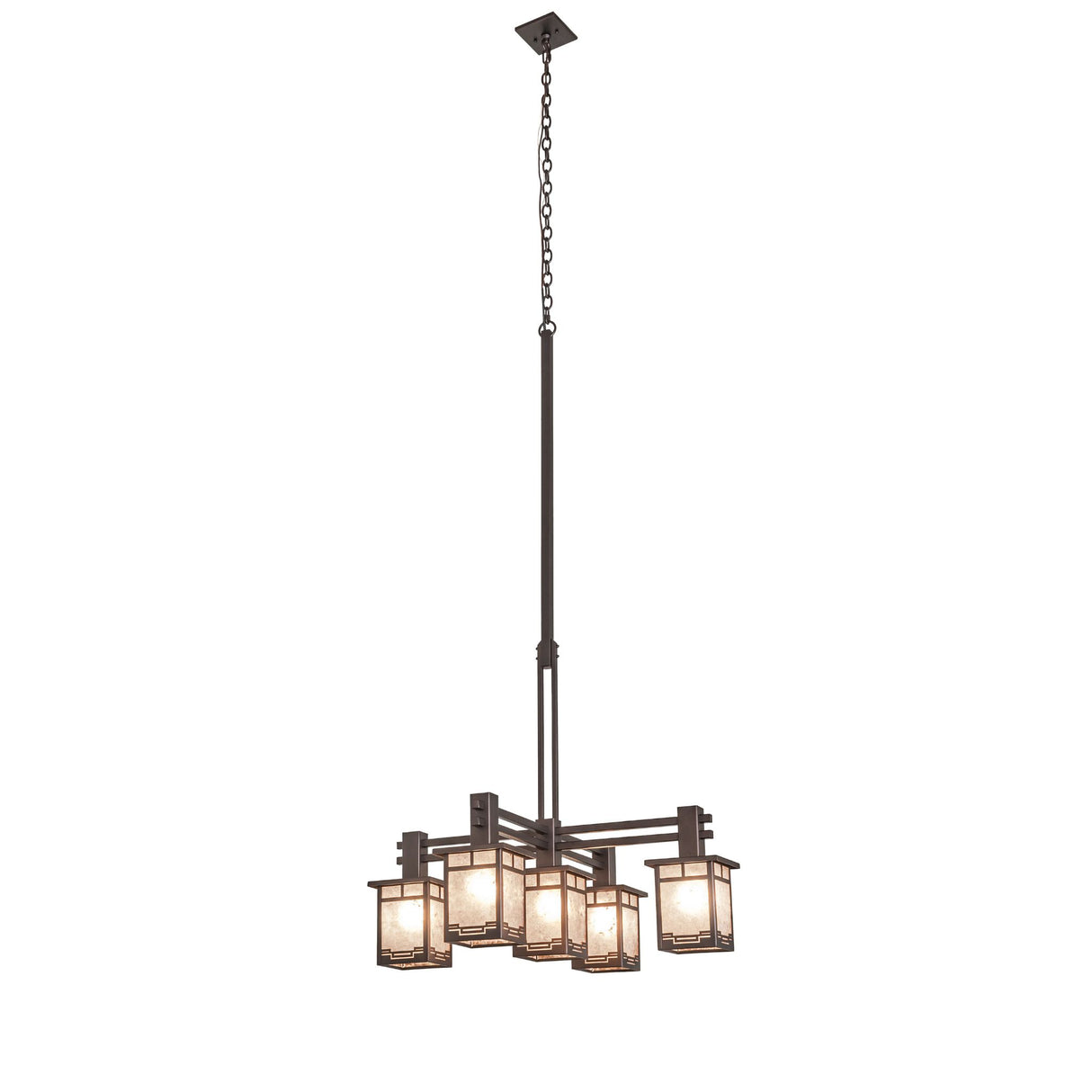 Full view of chandelier shown fully illuminated with rectangular lantern shades.