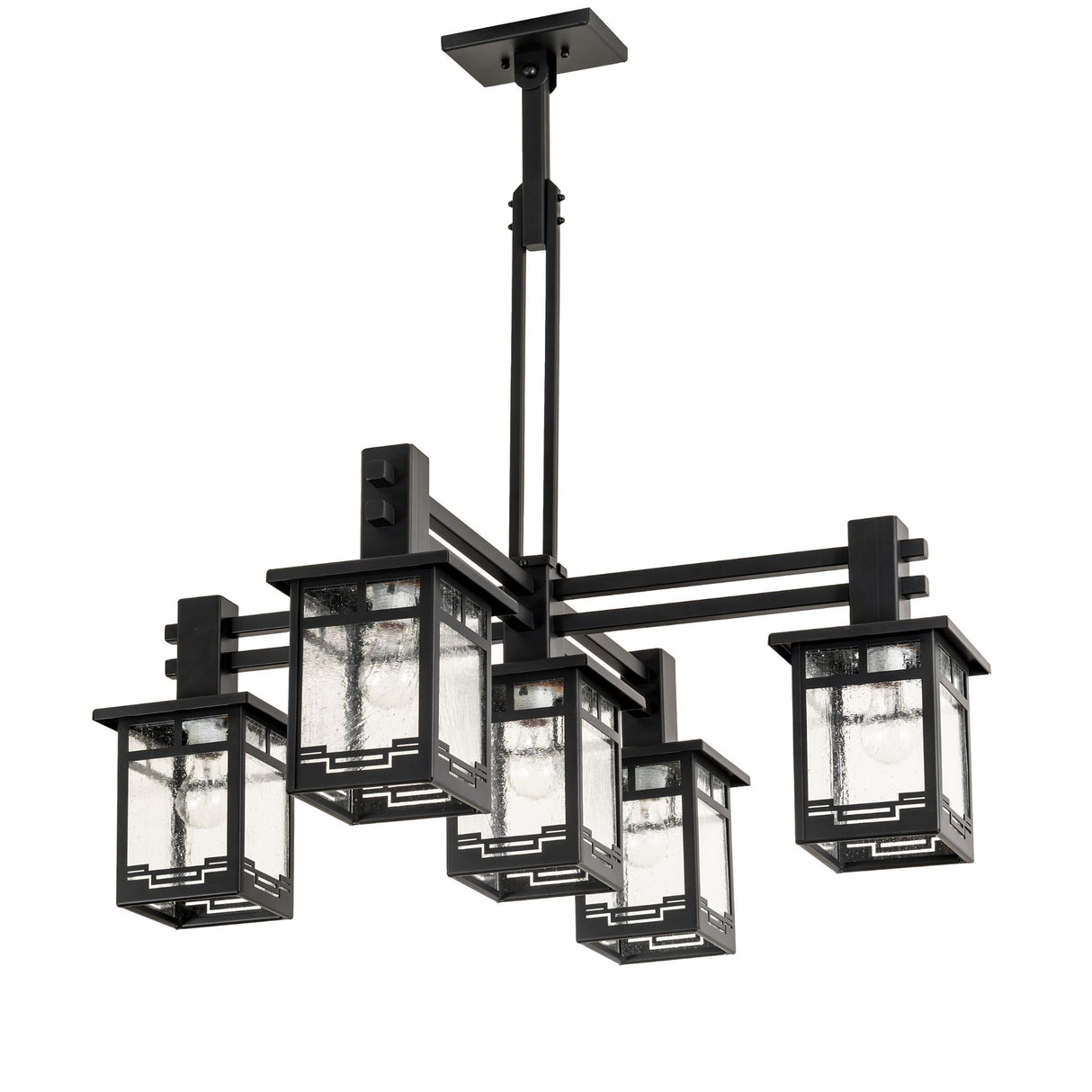 Roylance five light mission style chandelier in solar black with clear seeded glass, unlit.