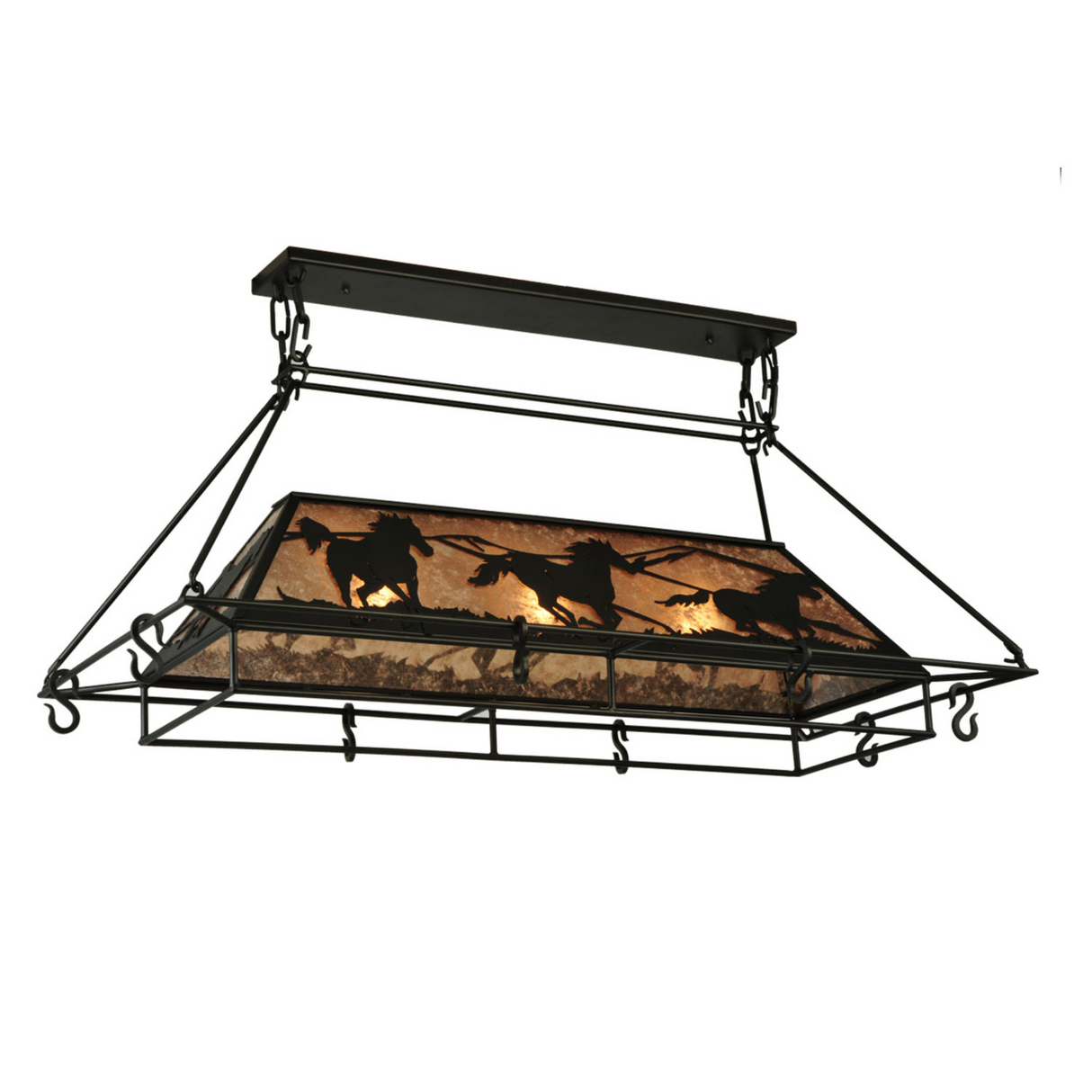 Angled bottom view of Running Horses pot rack lit.