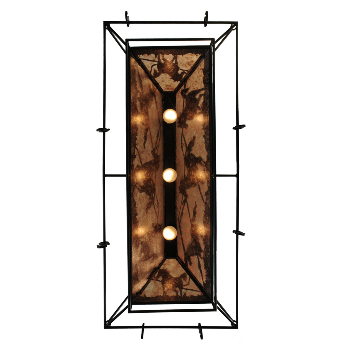 Bottom view of Running Horses pot rack with lights on.