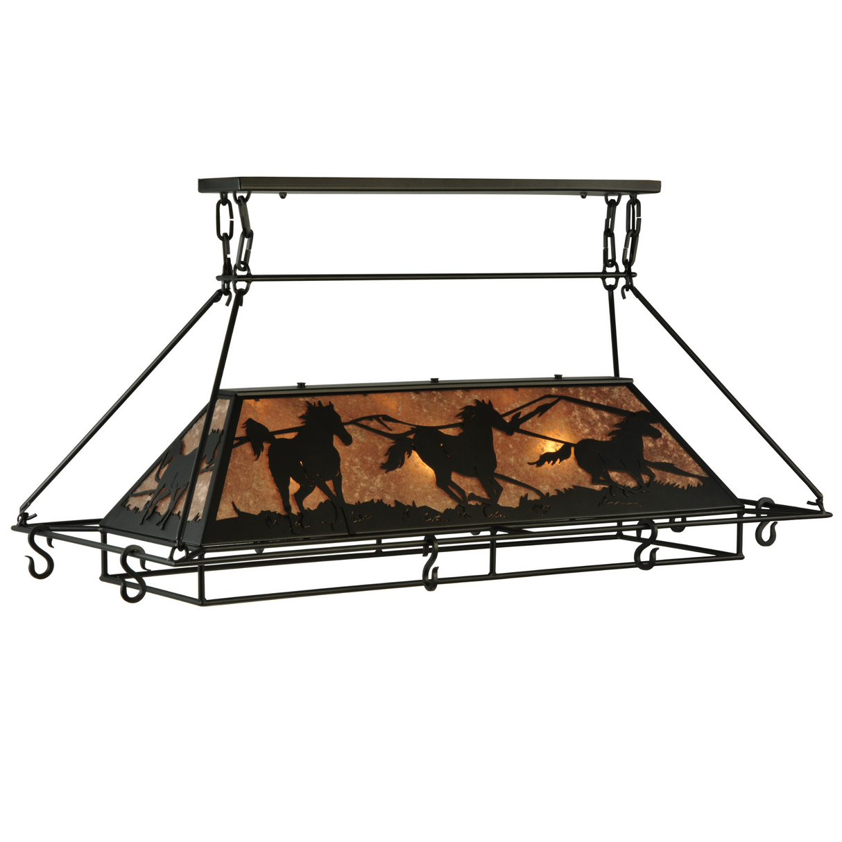 Front angled view of Running Horses pot rack chandelier lit.