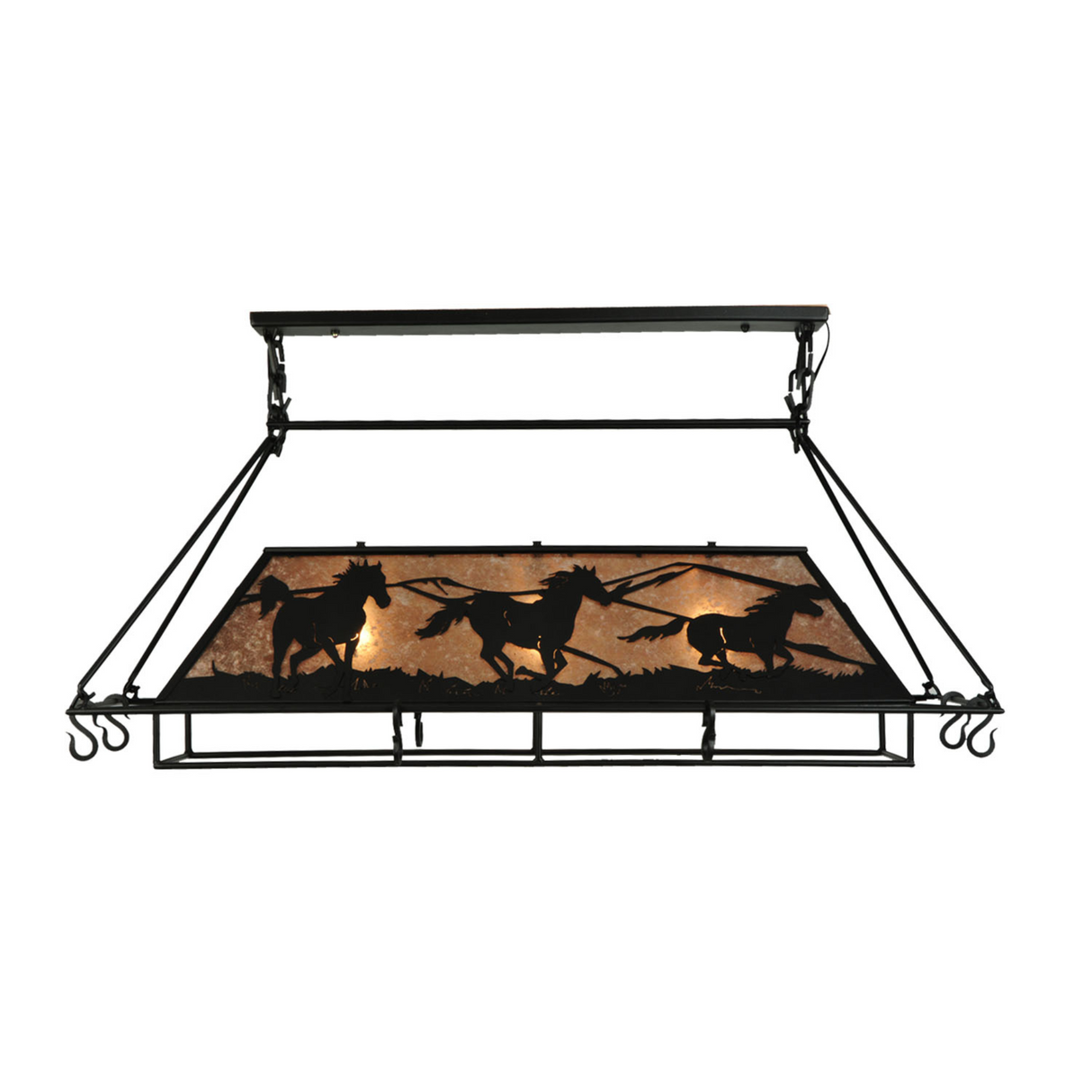 Front view of Running Horses pot rack chandelier lit.