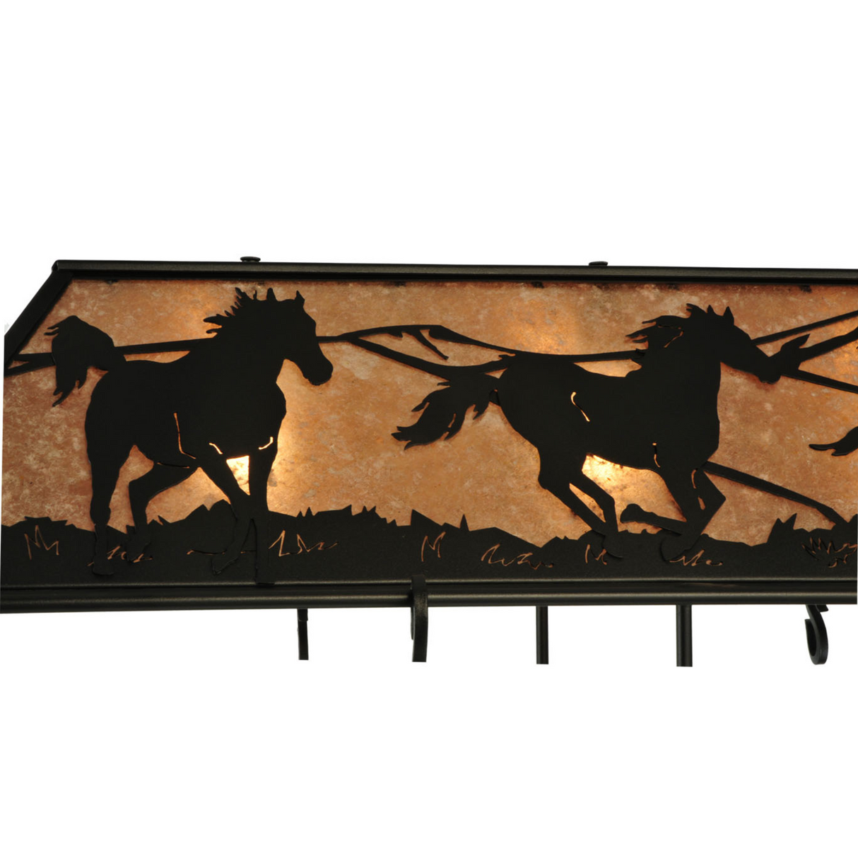 Close-up of galloping horse panel design on pot rack.