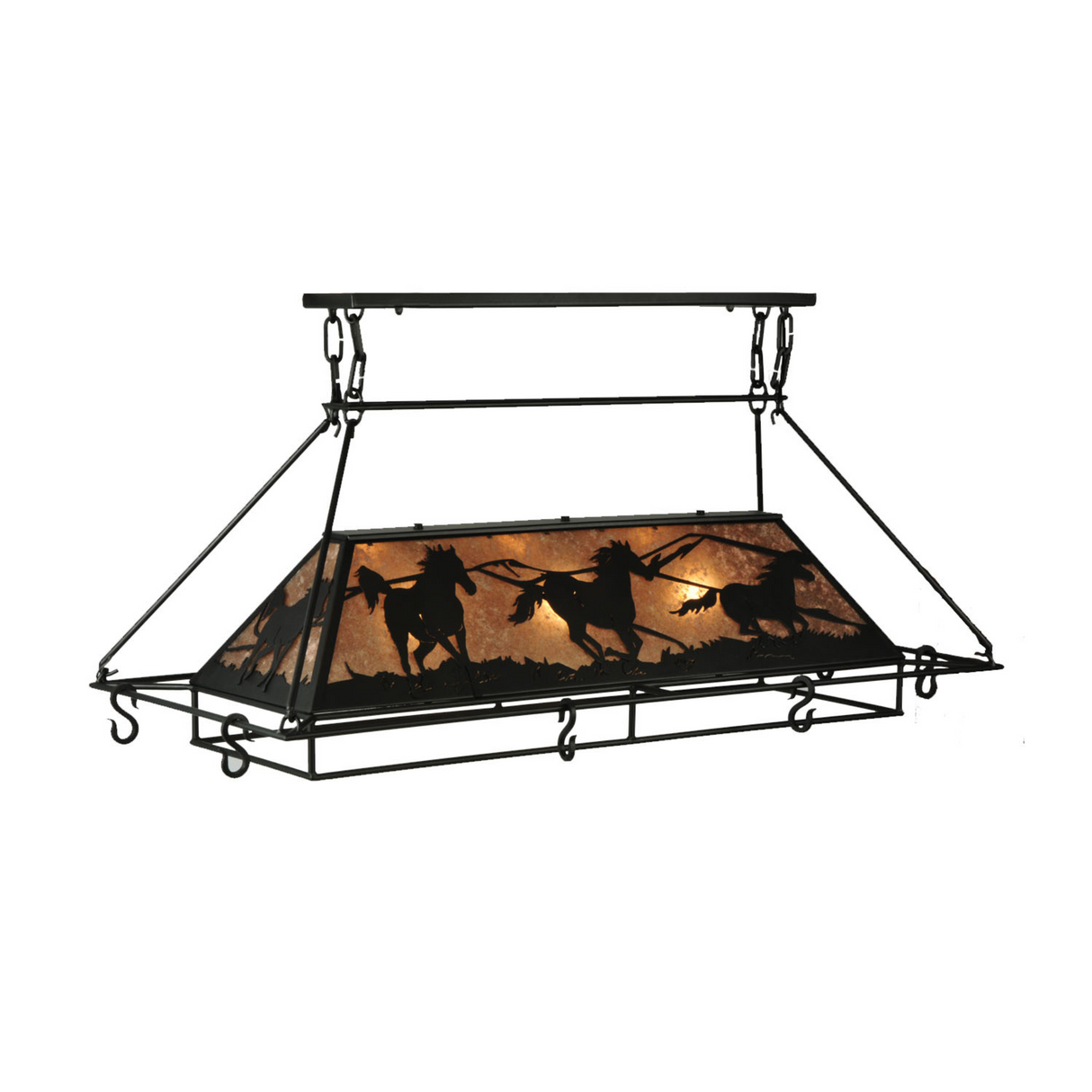 Side angled view of Running Horses pot rack chandelier lit.