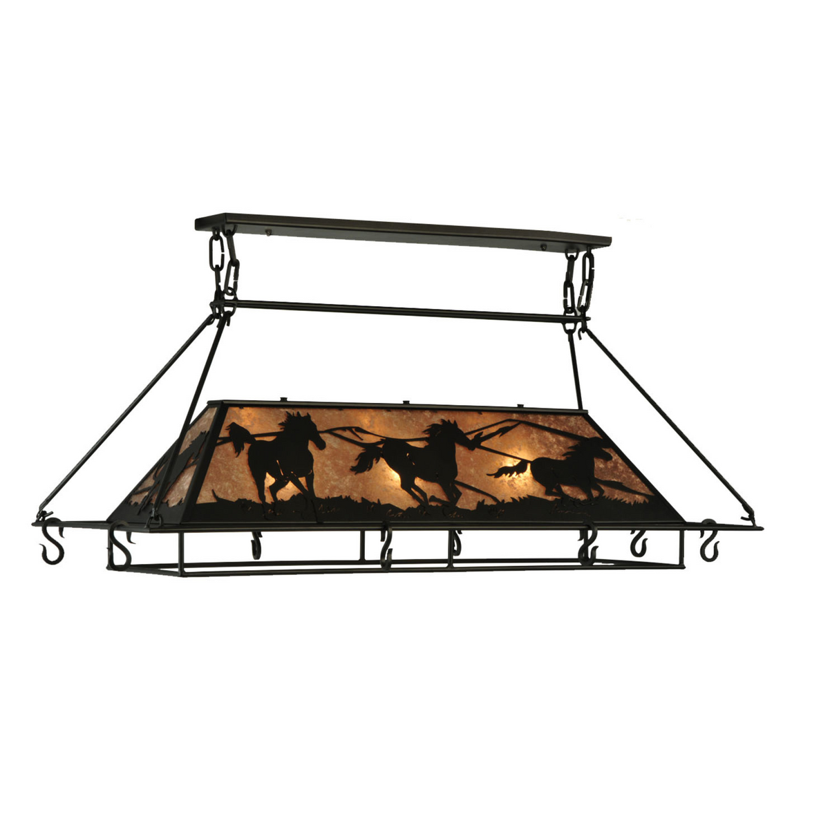 Side view of Running Horses pot rack chandelier lit.