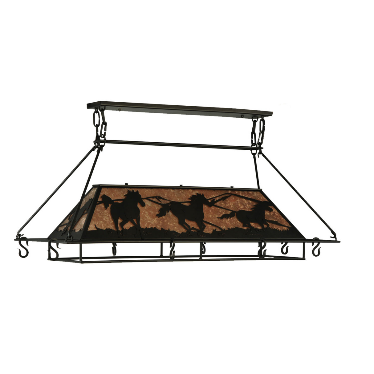 Side view of Running Horses pot rack chandelier unlit.