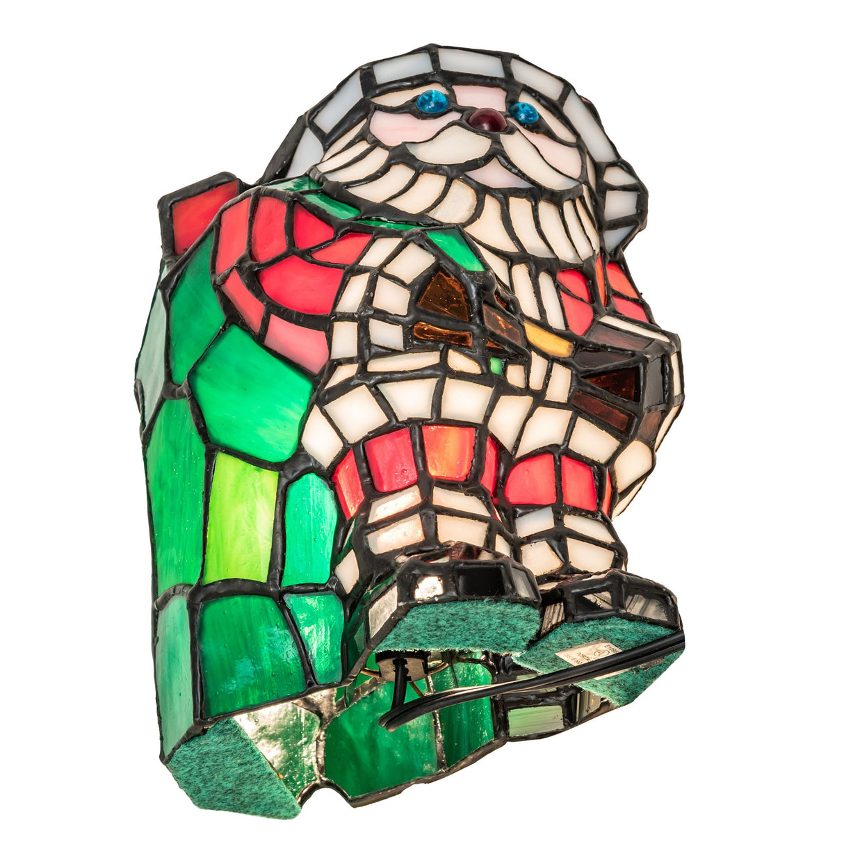 Bottom angle view of the Santa Claus stained glass lamp revealing wiring details.