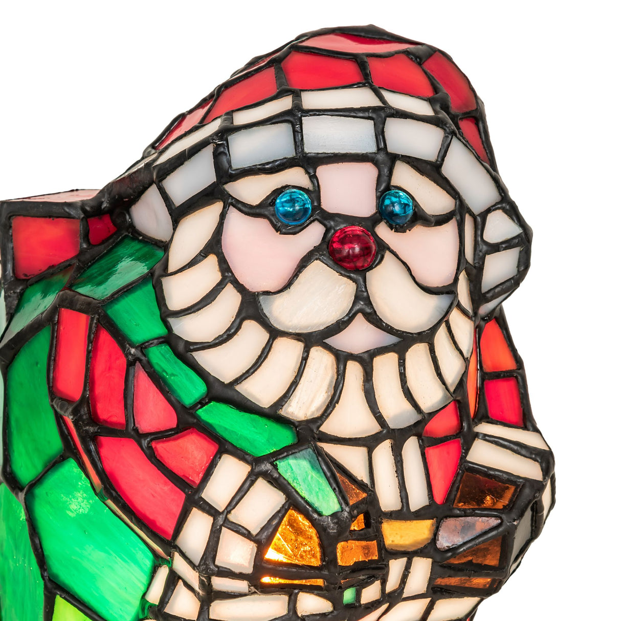 Close-up of Santa's face, highlighting the fine stained glass artistry.