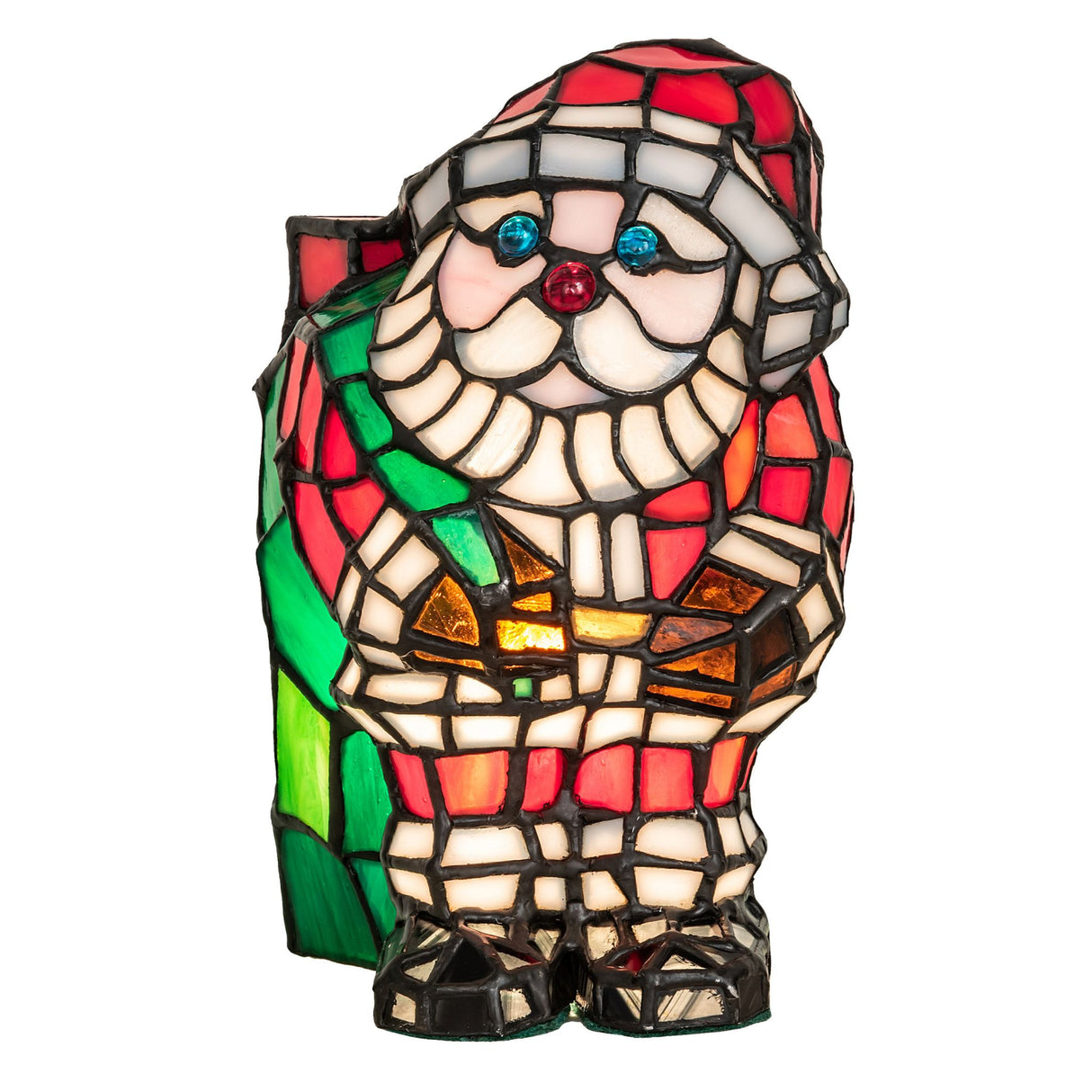 Frontal view of the Santa Claus stained glass lamp showing intricate craftsmanship.