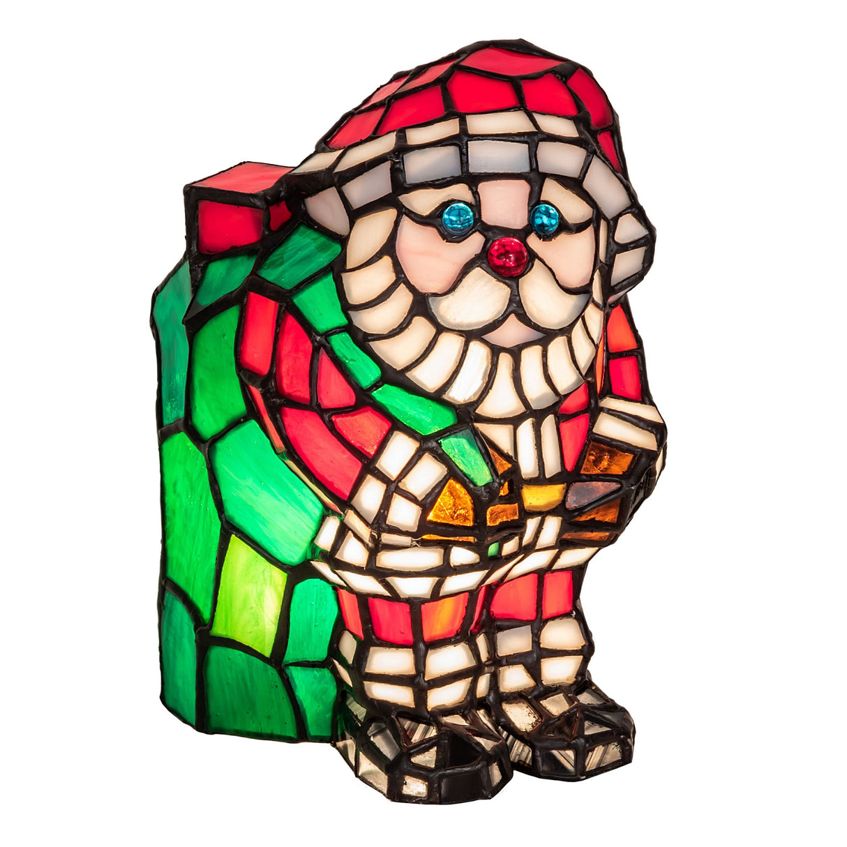 Stained glass Santa Claus accent lamp in festive red, green, and white colors.
