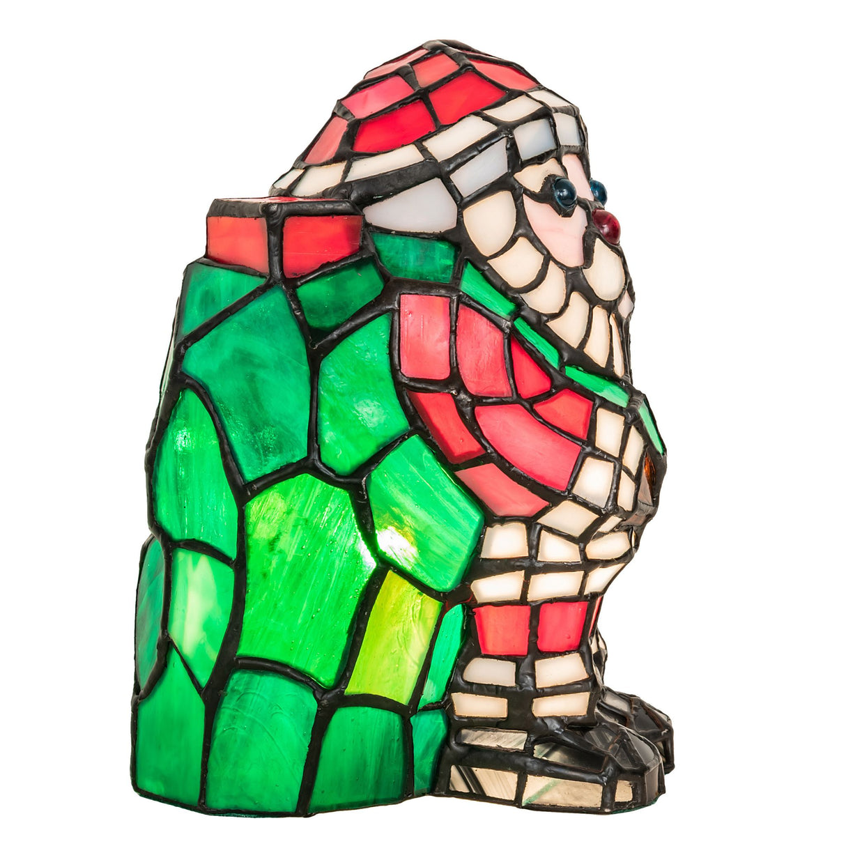 Side view of the Santa Claus accent lamp showcasing its colorful glass design.
