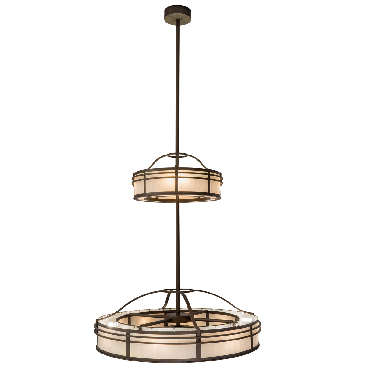 Side lit view emphasizing tiered diffuser layers and bronze finish.