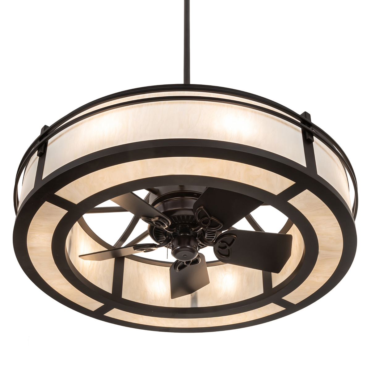 Bottom angle lit view showcasing fan blades and glowing circular frame.