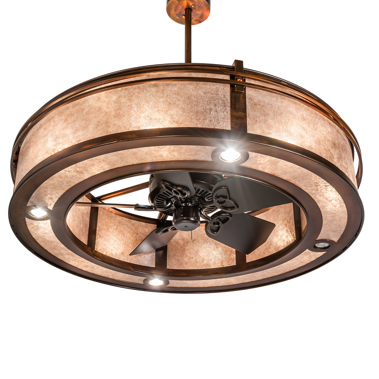 Angled bottom view highlighting integrated fan and glowing ring lights.