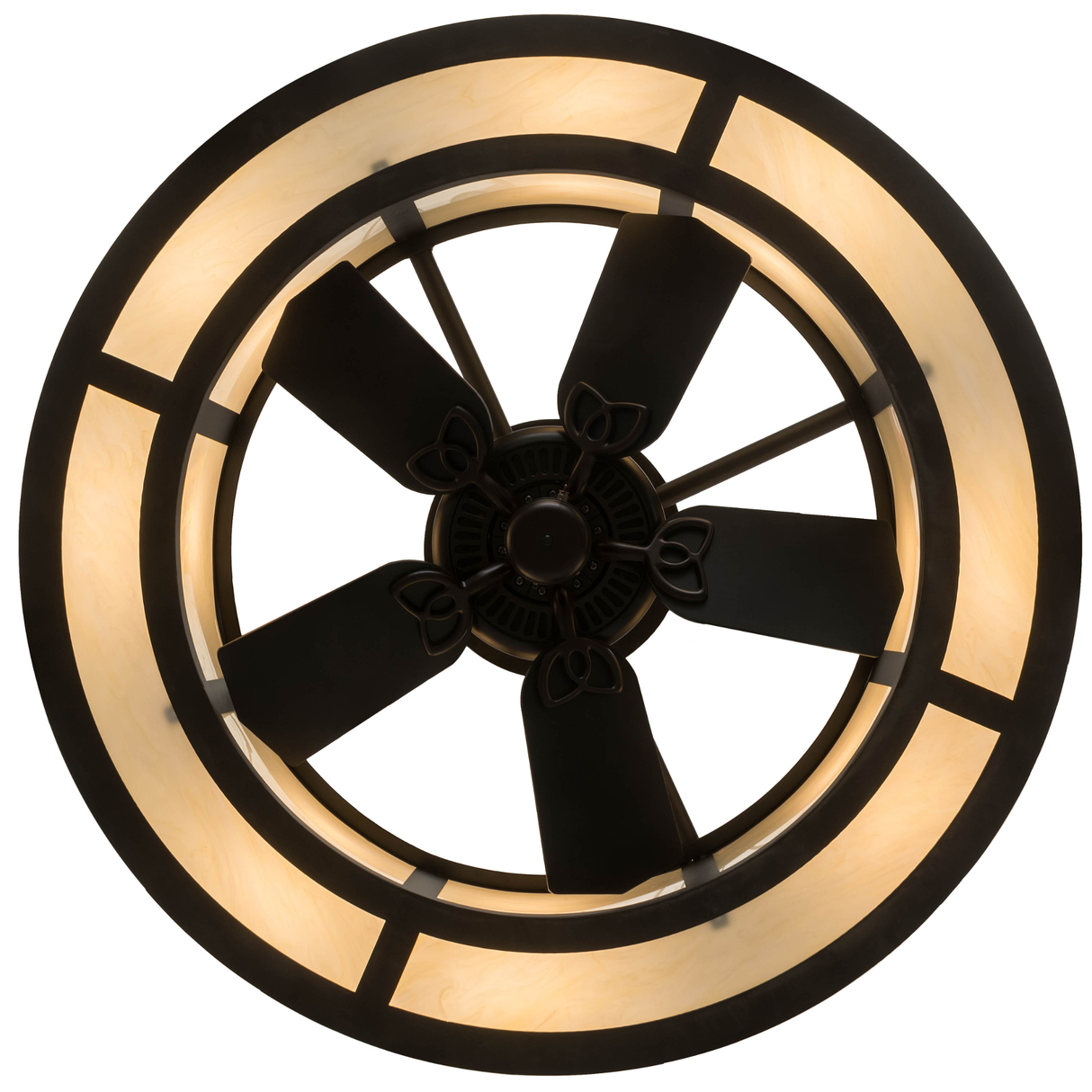 Bottom lit view emphasizing glowing circular design and fan center.