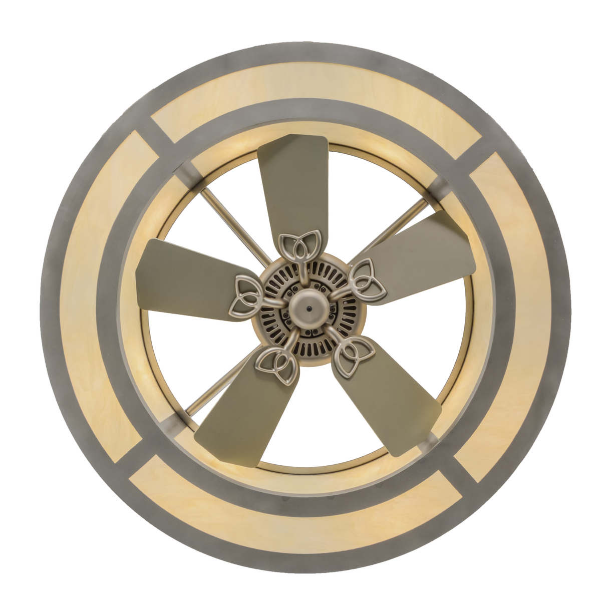 Bottom view showing fan blades within brushed nickel ring.