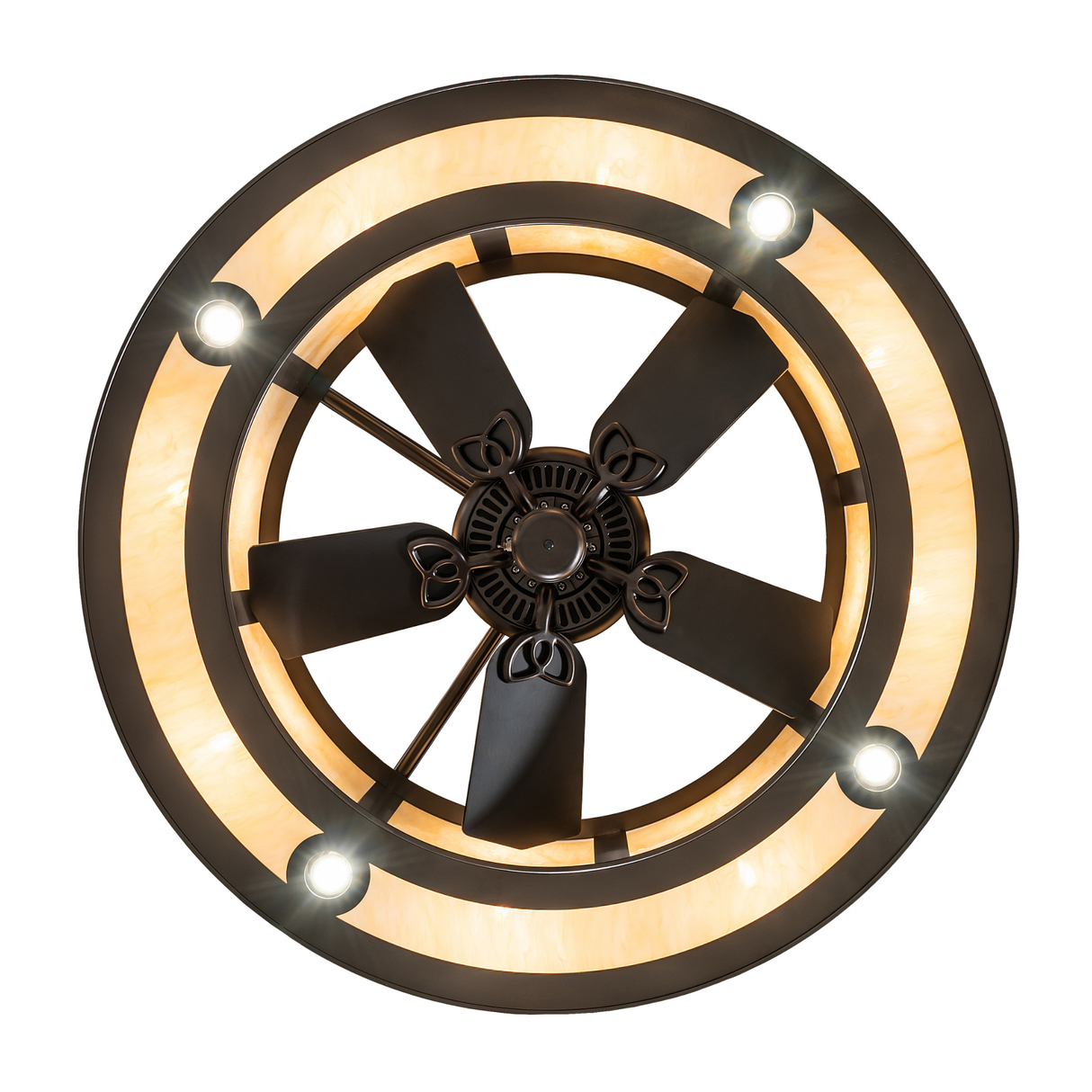 Bottom view displaying fan blades surrounded by illuminated circular diffuser.