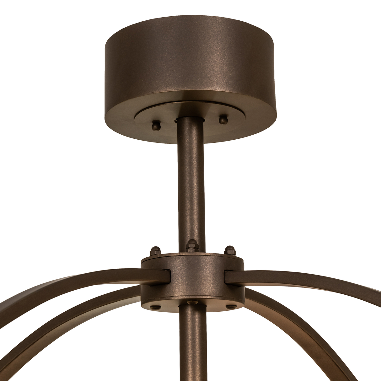Closeup of Sargent Chandel-Air ceiling canopy and bronze-finished structural support rods.