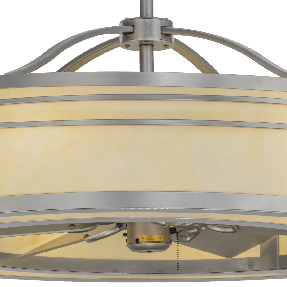 Closeup showing brushed nickel accents and lighted shade texture.