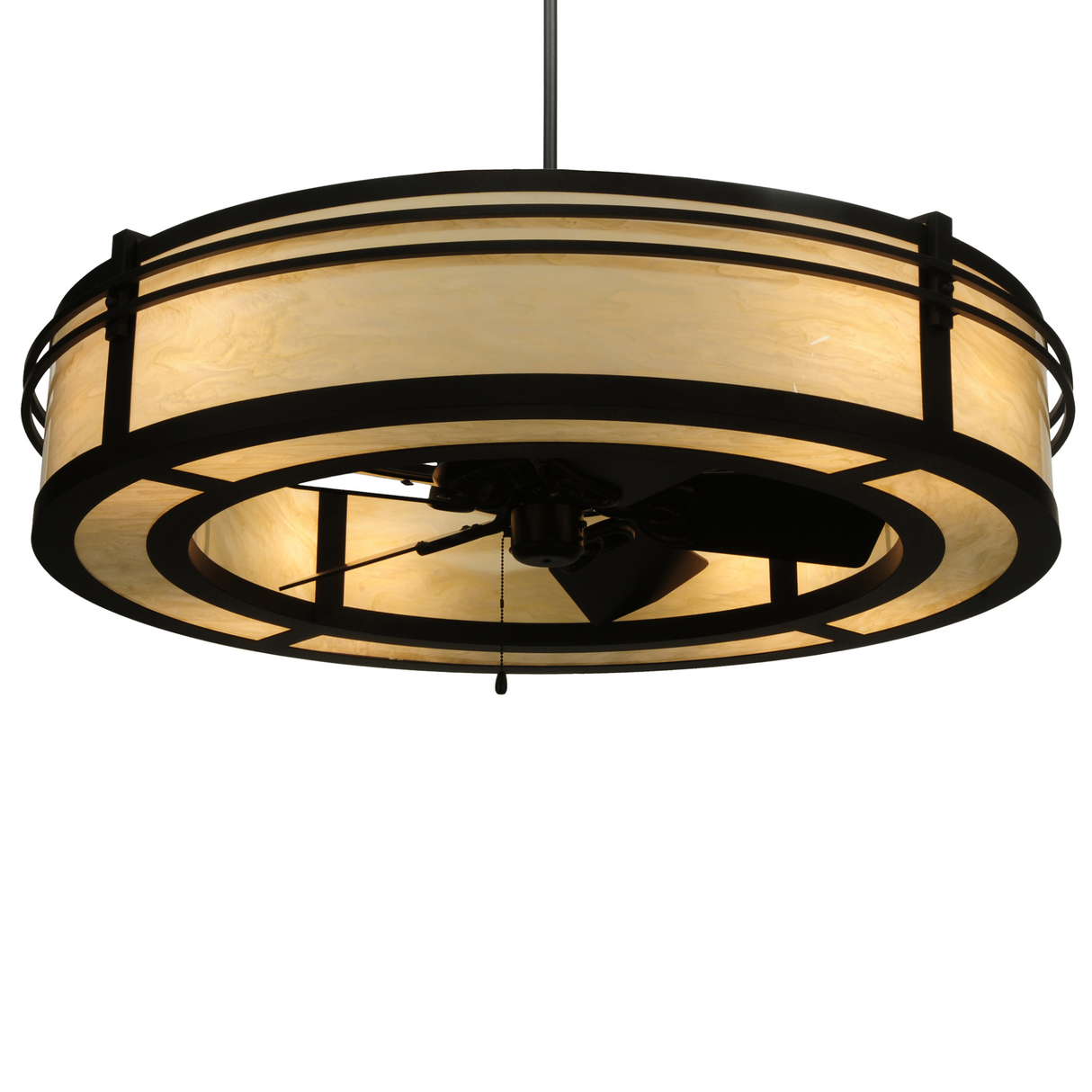Close-up of fan motor housing with surrounding bulbs in Sargent Chandel-Air.