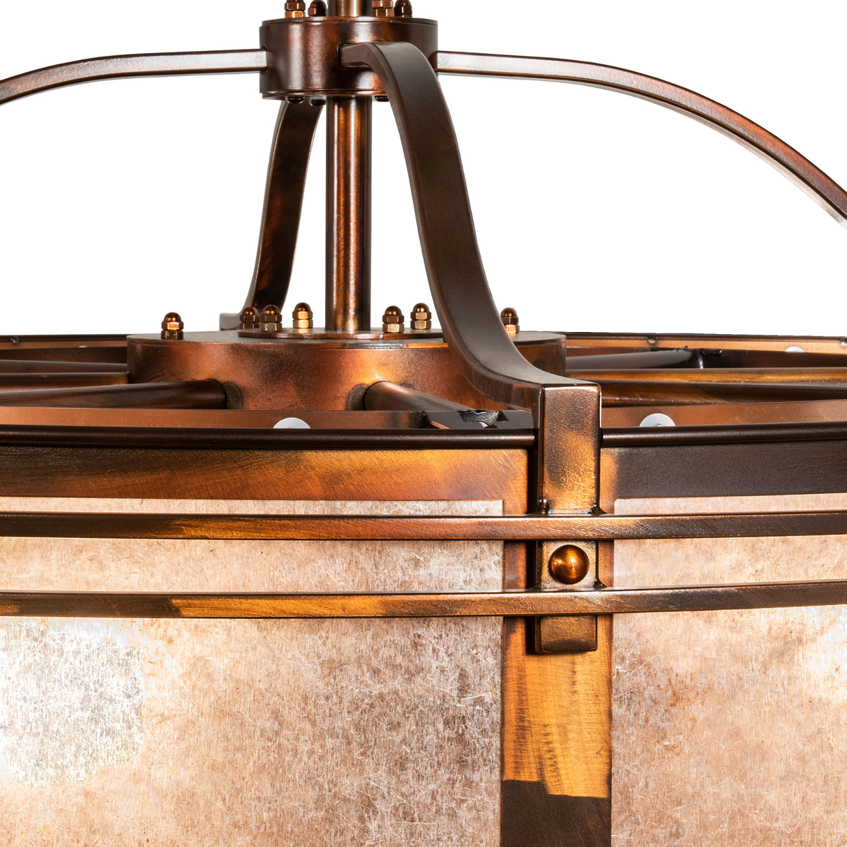 Detail showing copper framework, rivets, and mica shade texture.