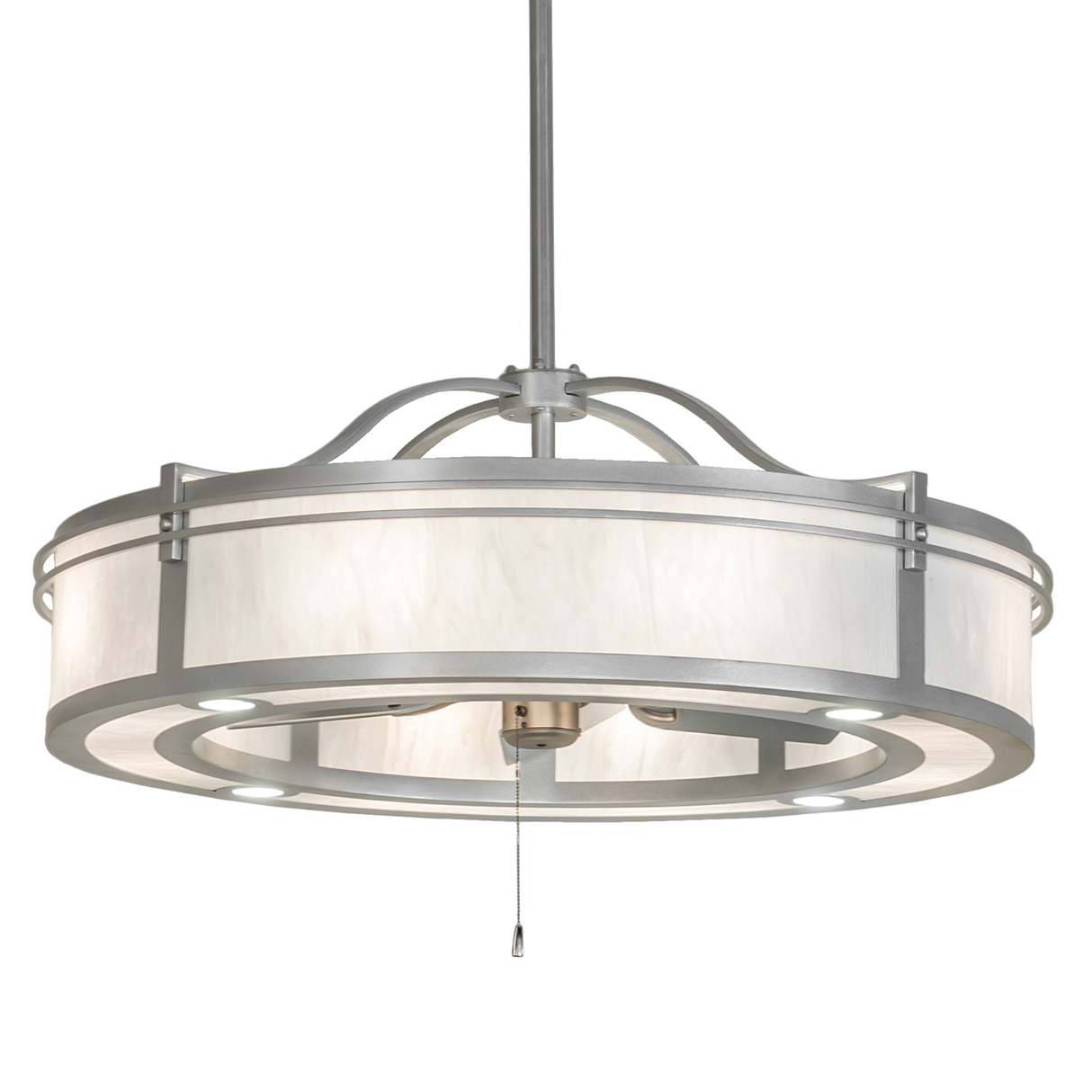 Sargent Chandel-Air front lit view featuring silver finish and glowing white Idalight diffuser.