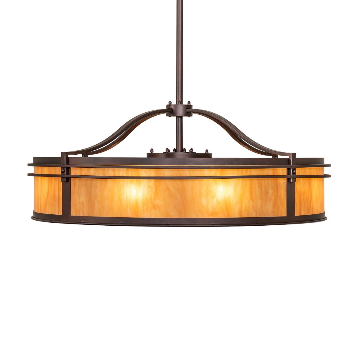 Straight horizontal view showing layered bronze frame and light diffusion.