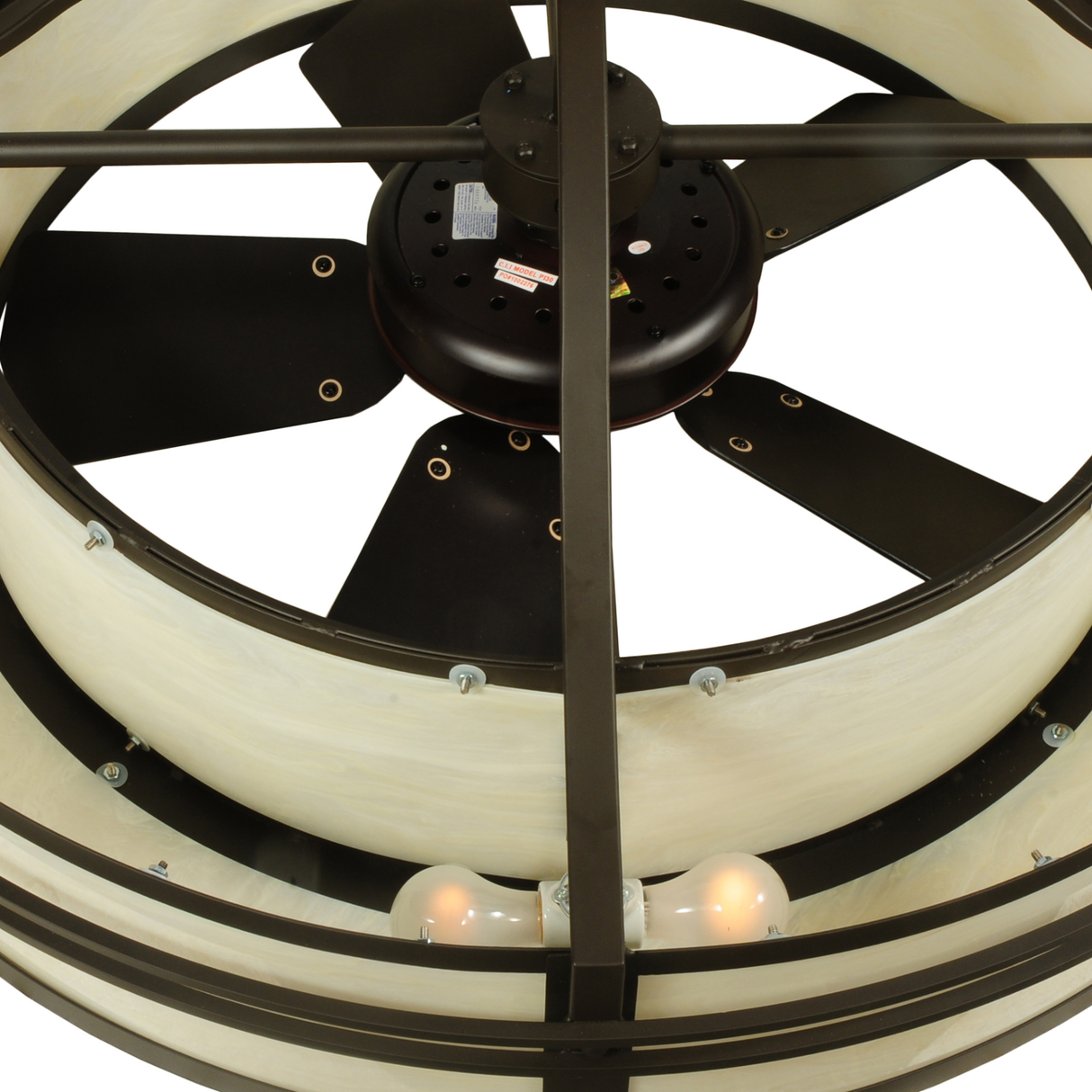 Interior view of Sargent Chandel-Air showing bulbs and fan assembly.