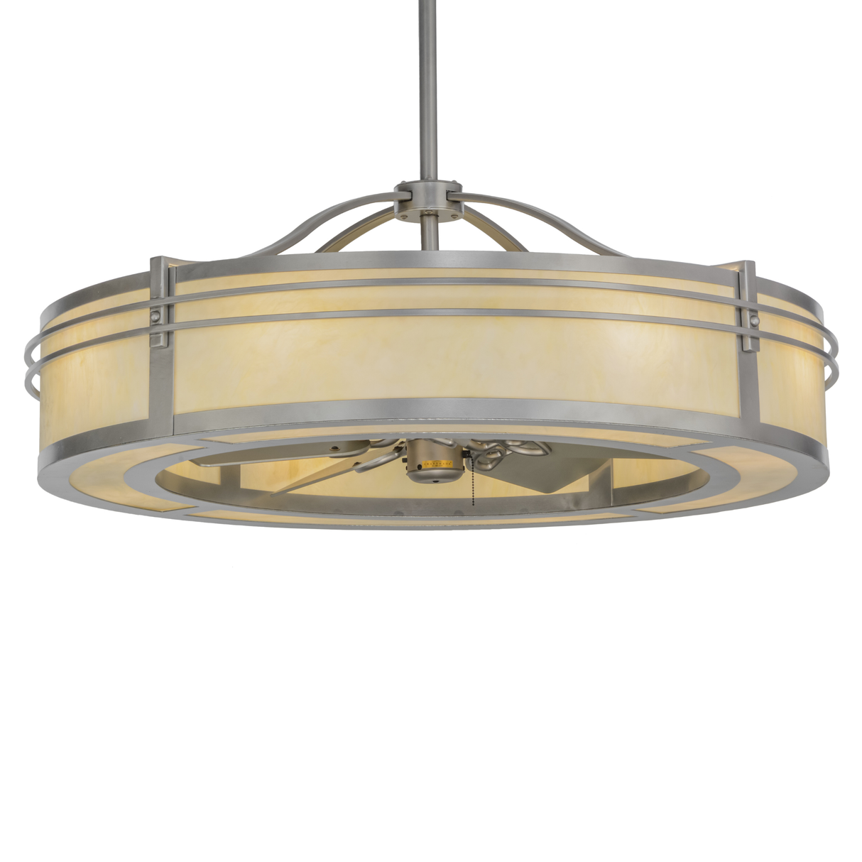 Lit angled view of Sargent Chandel-Air with Creme Carrare Idalight shade.
