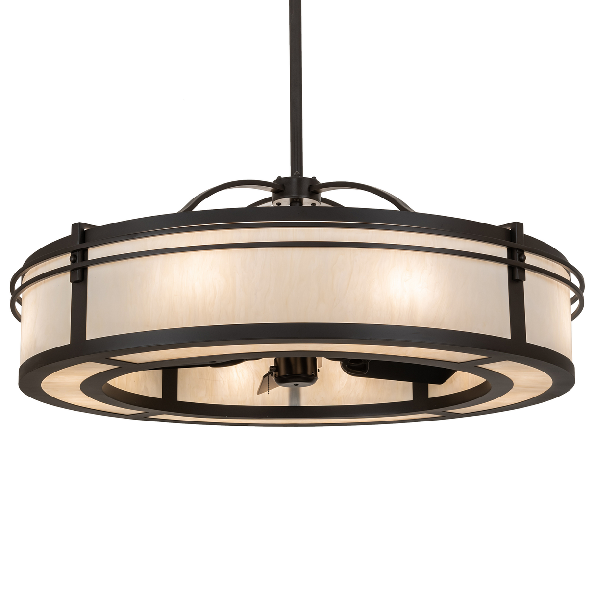 Front angle lit view of Sargent Chandel-Air with Creme Carrare diffuser.