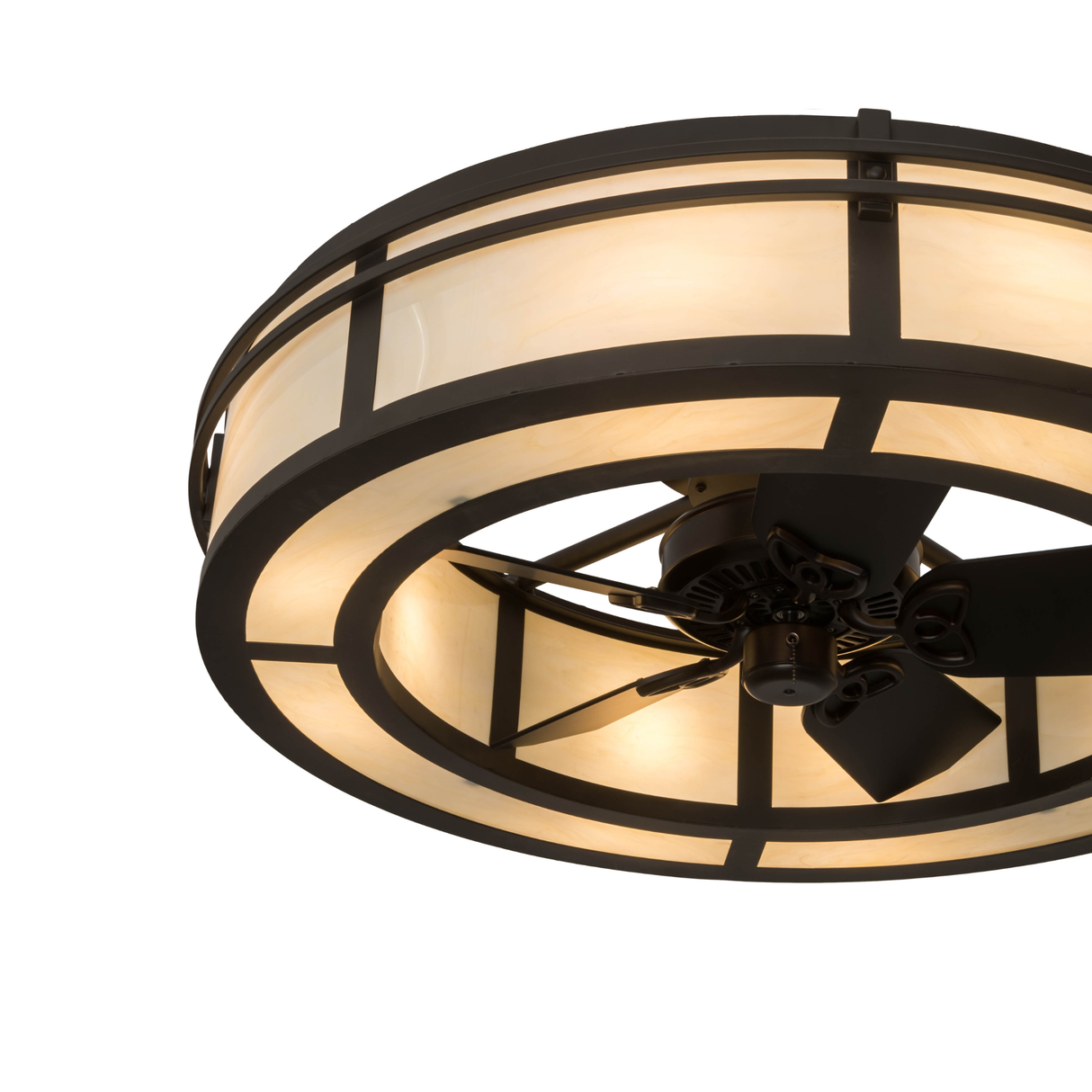 Side angled lit view showcasing Creme Carrare Idalight panels and bronze finish.