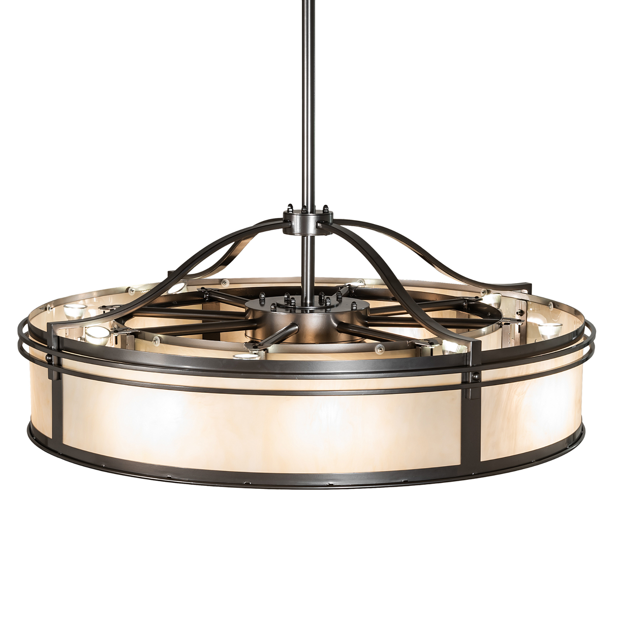 Top angle view showing light structure, fan mount, and handcrafted hardware.