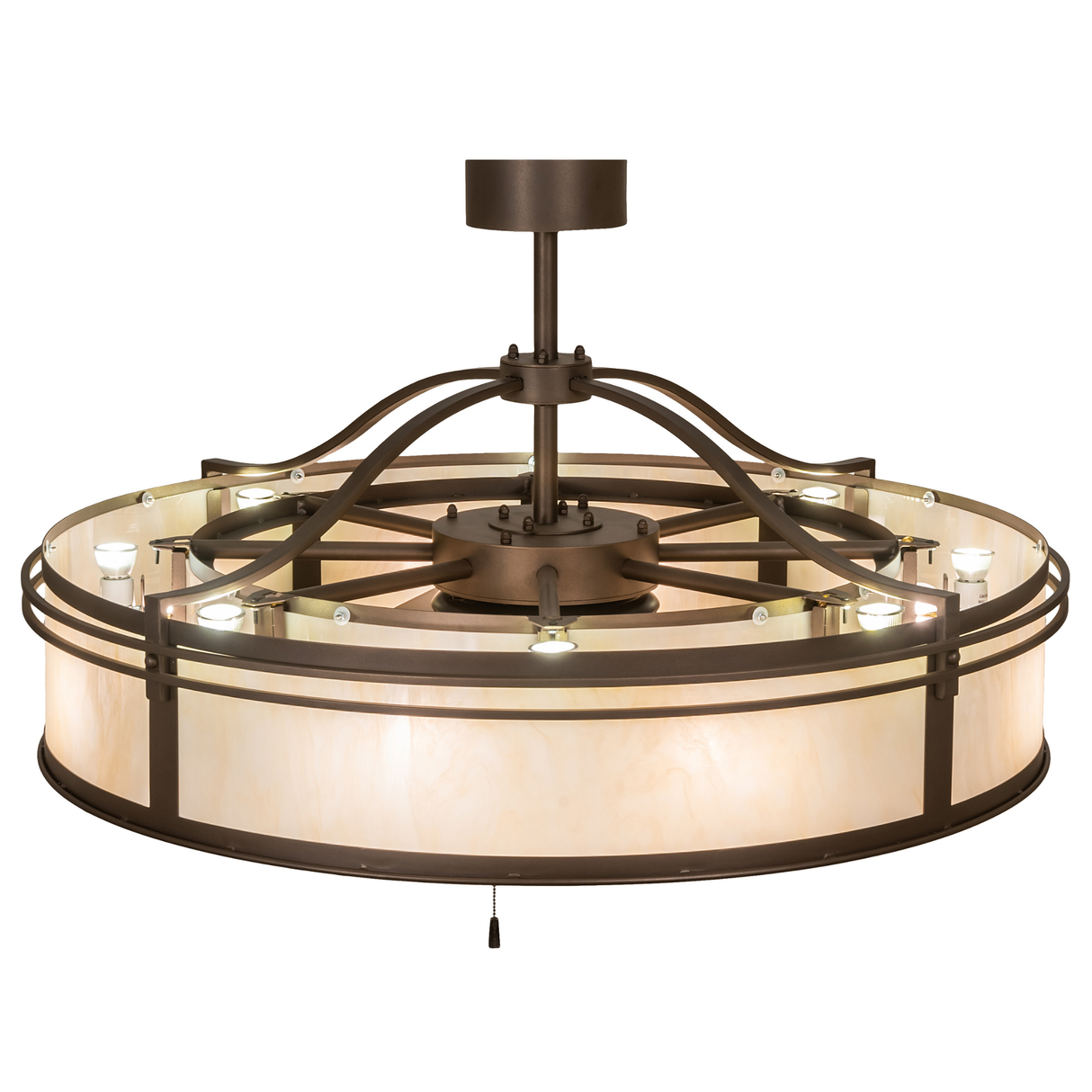 Top angle showing multiple light layers and fan integration under bronze frame.