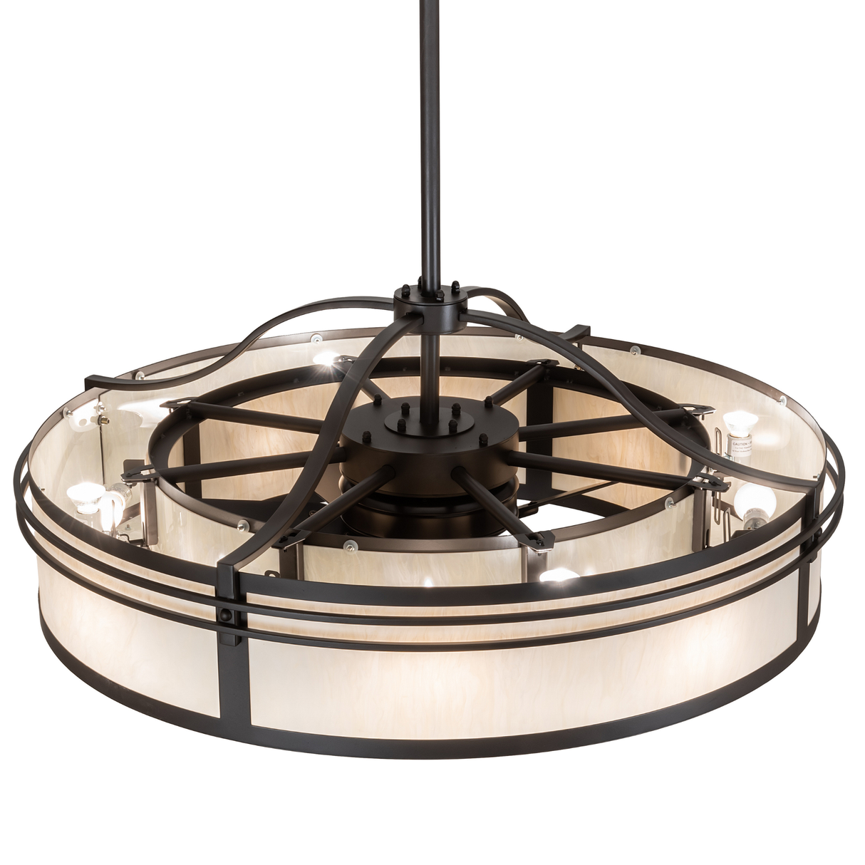 Overhead lit view highlighting fan integration and even light distribution.