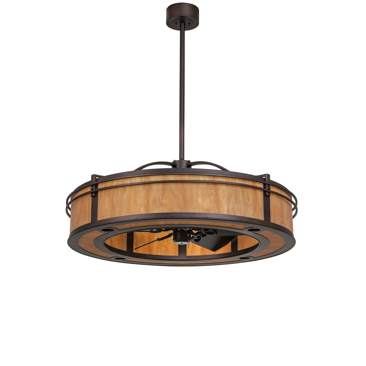 Unlit view of handcrafted Sargent chandelier fan in Mahogany Bronze finish.