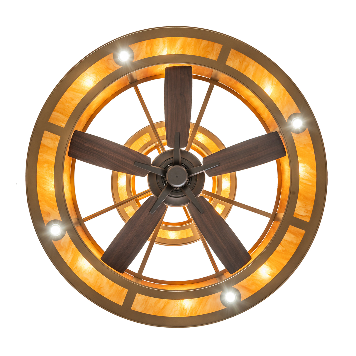 Bottom view of Sargent chandelier fan displaying wood-finish blades.