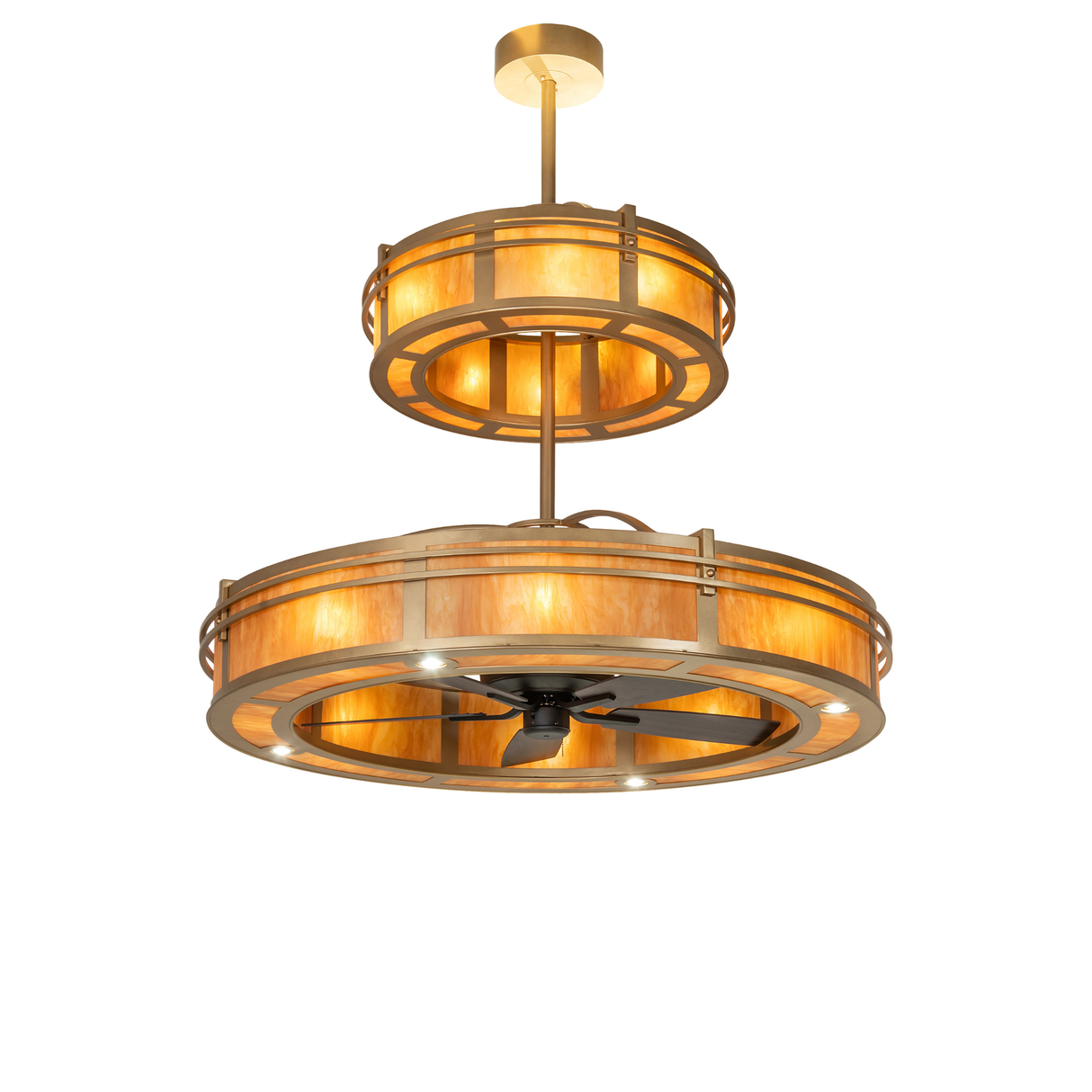 Front view of Sargent two-tier chandelier fan with gold metallic finish.