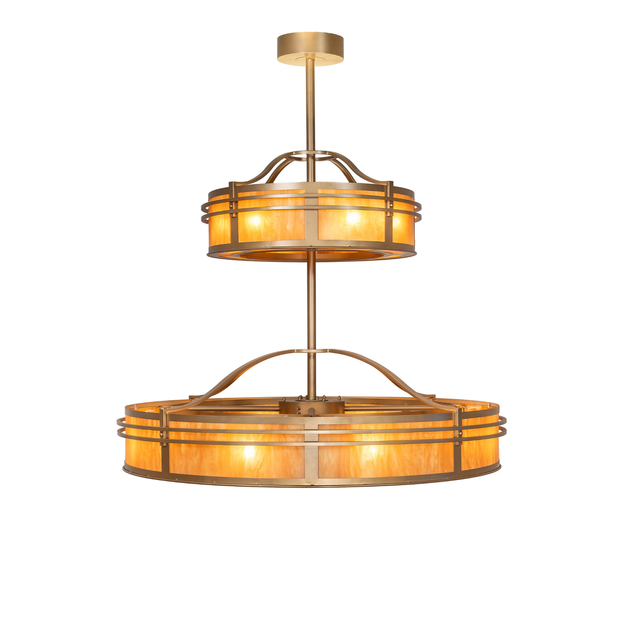 Straight horizontal view of Sargent chandelier fan with dual tiers.