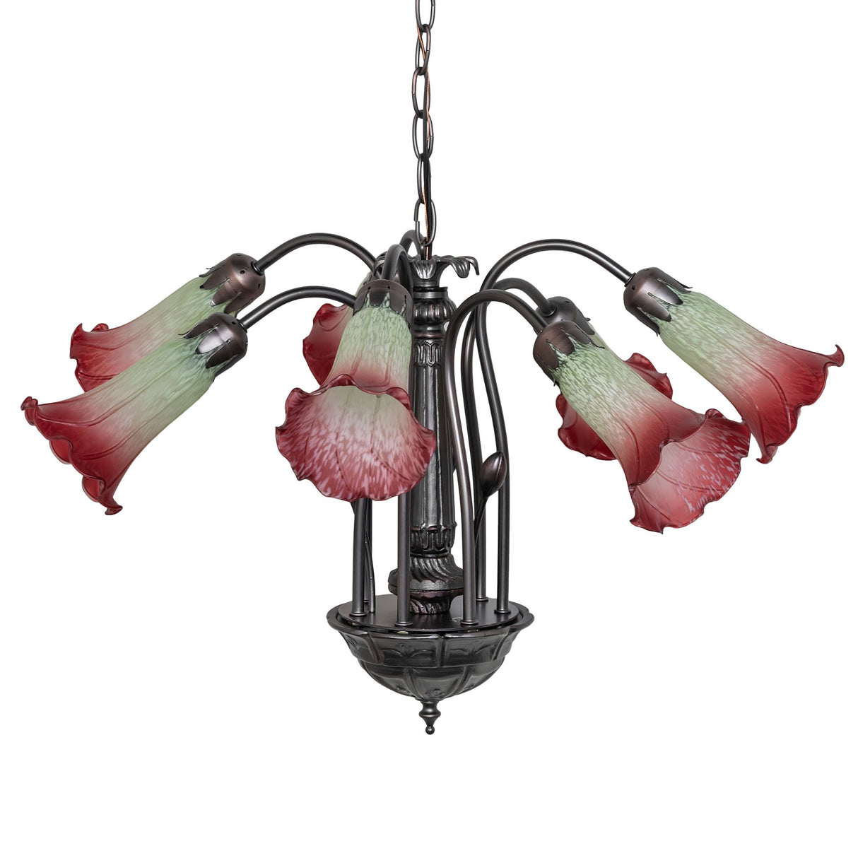 Seafoam and cranberry Tiffany chandelier with floral shades.