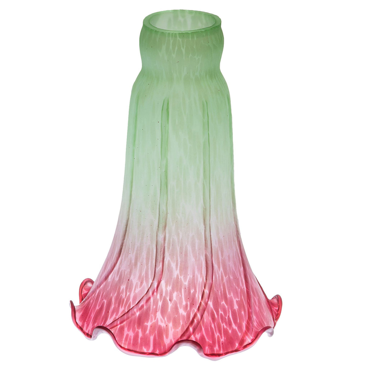 Angled view of seafoam and cranberry pond lily art glass shade.