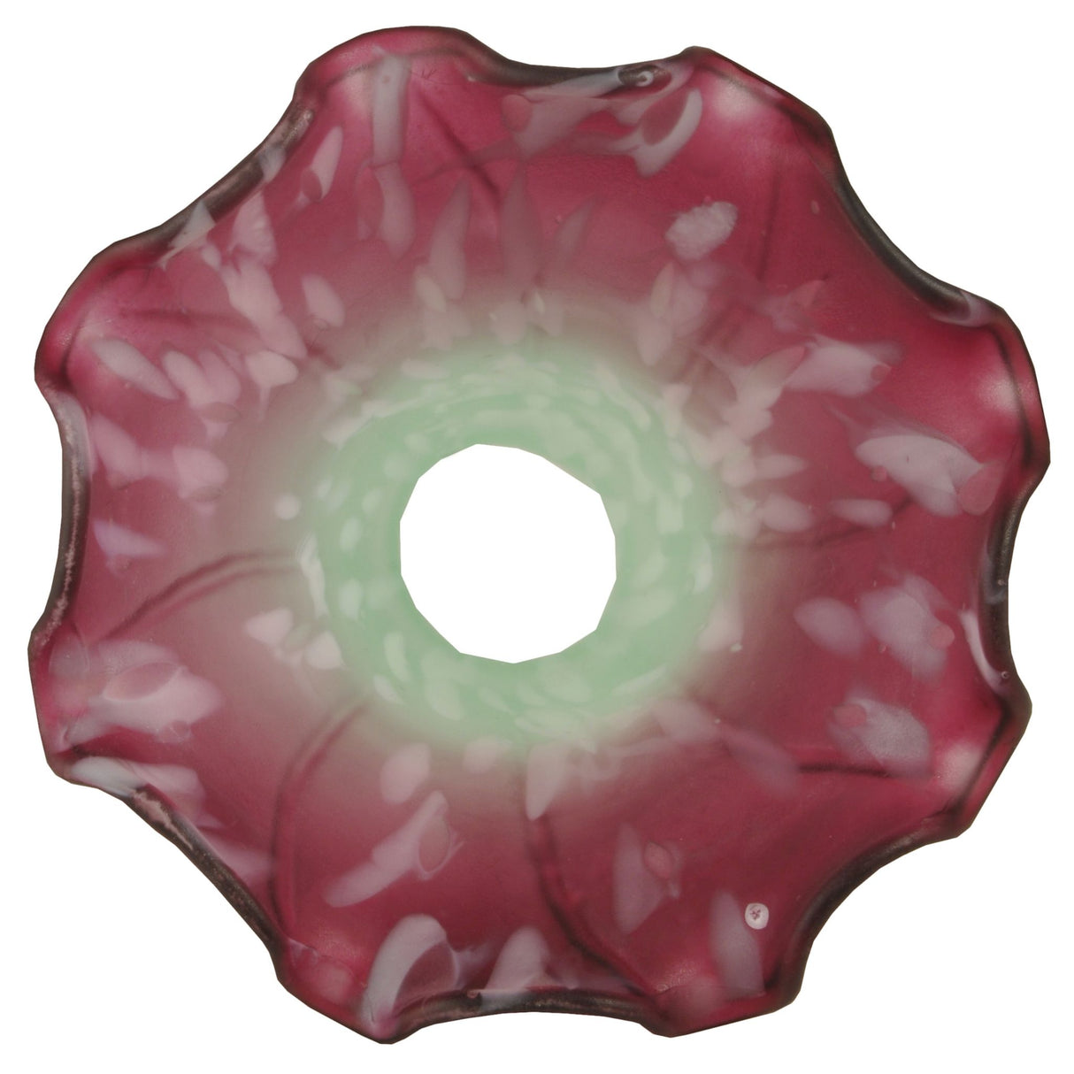 Top view of seafoam and cranberry pond lily glass shade.