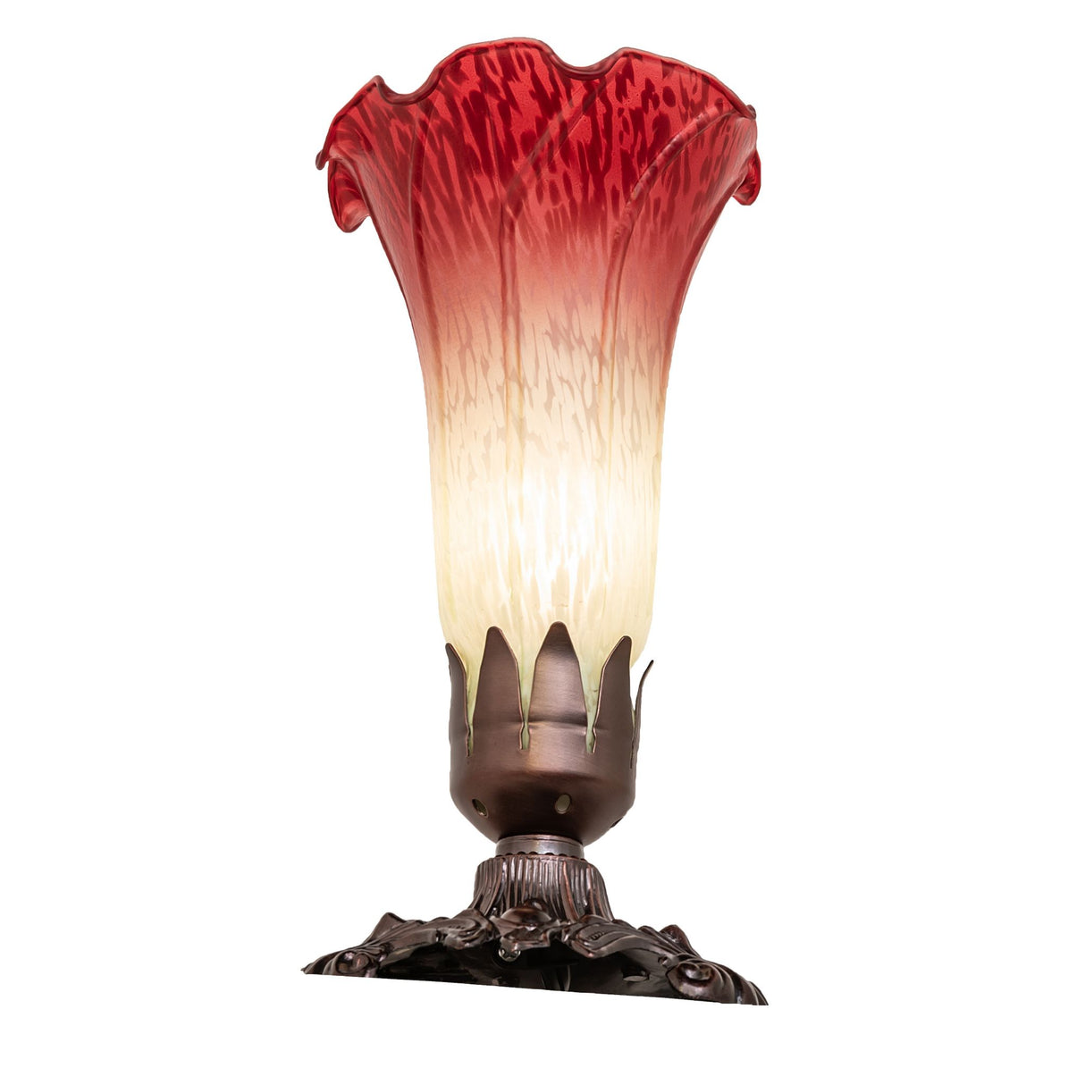 Angled perspective of the Seafoam and Cranberry Pond Lily Mini Lamp featuring intricate details.