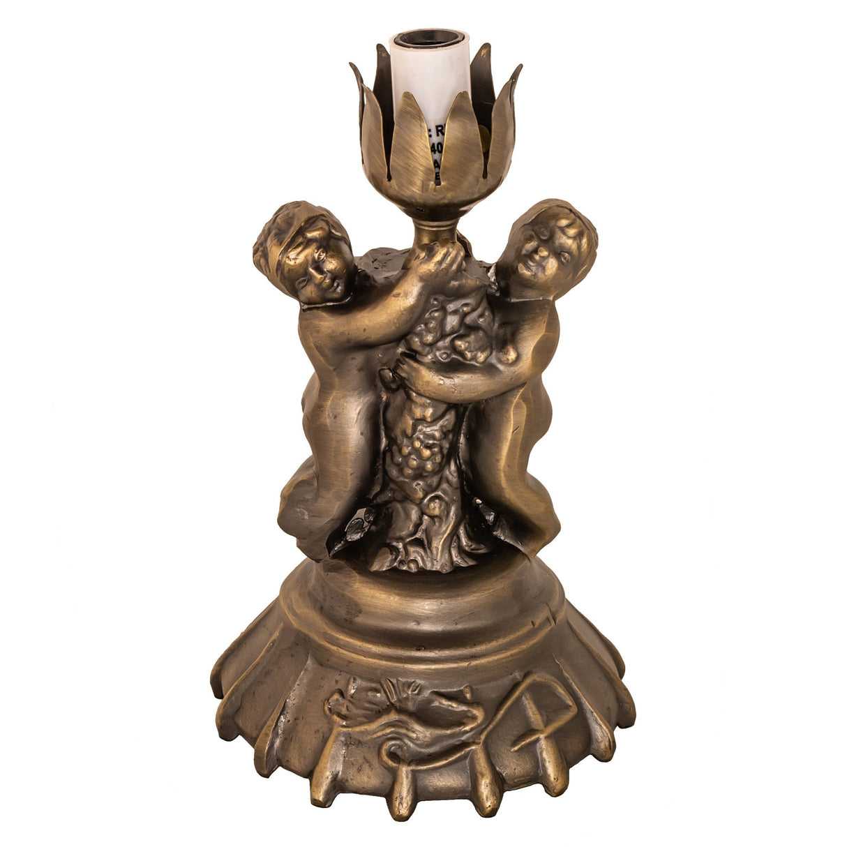 Base view of antique brass cherub base on accent lamp.