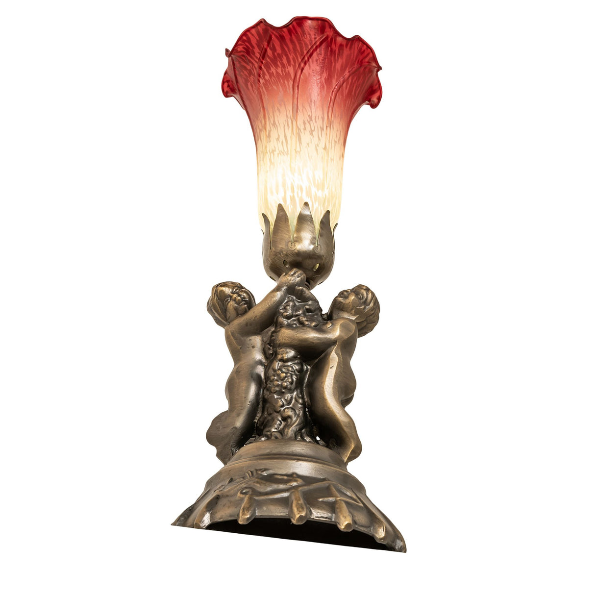 Bottom angle view highlighting cherub figures and flared glass shade.